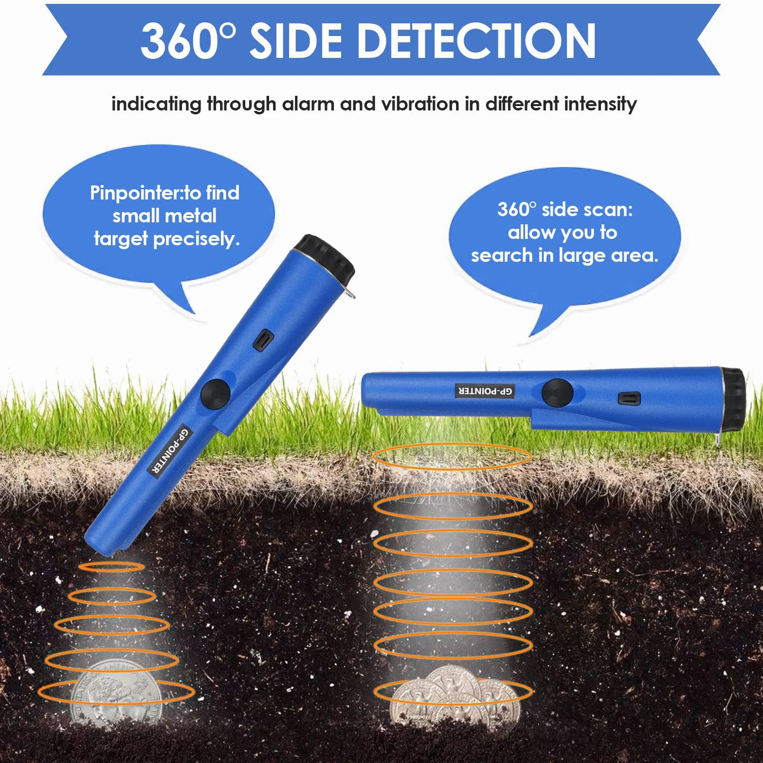 Diealles Shine® Wykrywacz metalu Pinpointer, wodoszczelny, przenośny wykrywacz metalu z wbudowanym wskaźnikiem LED, skan 360°, wykrywacz metalu do złotej monety, Hunt, biżuterii, Niebieski