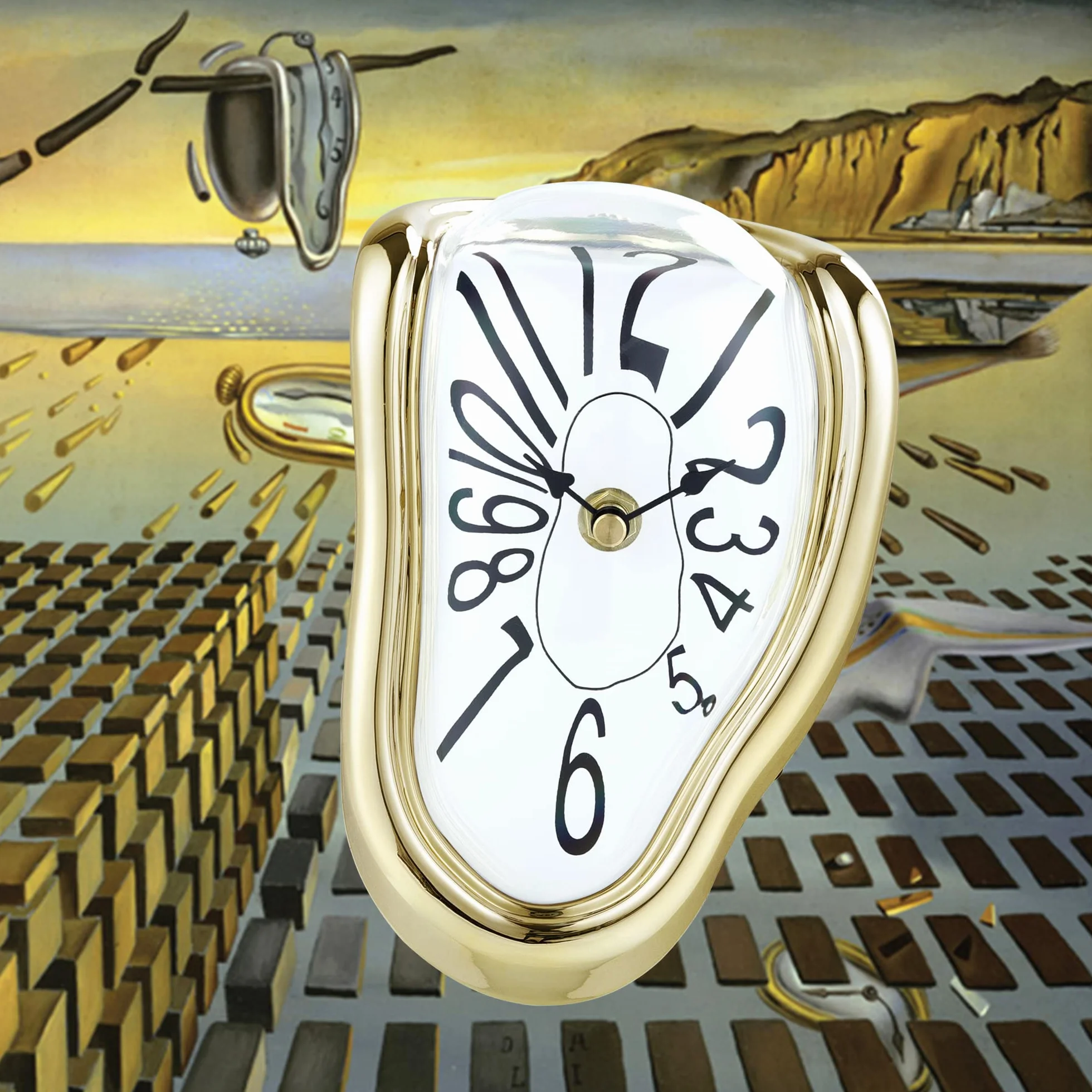 Lafocuse Bezgłośny zegarek Salvador Dali złoty, stopiony zegar bez odgłosów tykania, nowoczesny zegar stołowy, topiąca się dekoracja na półki, biurko, 18 x 13 x 15 cm