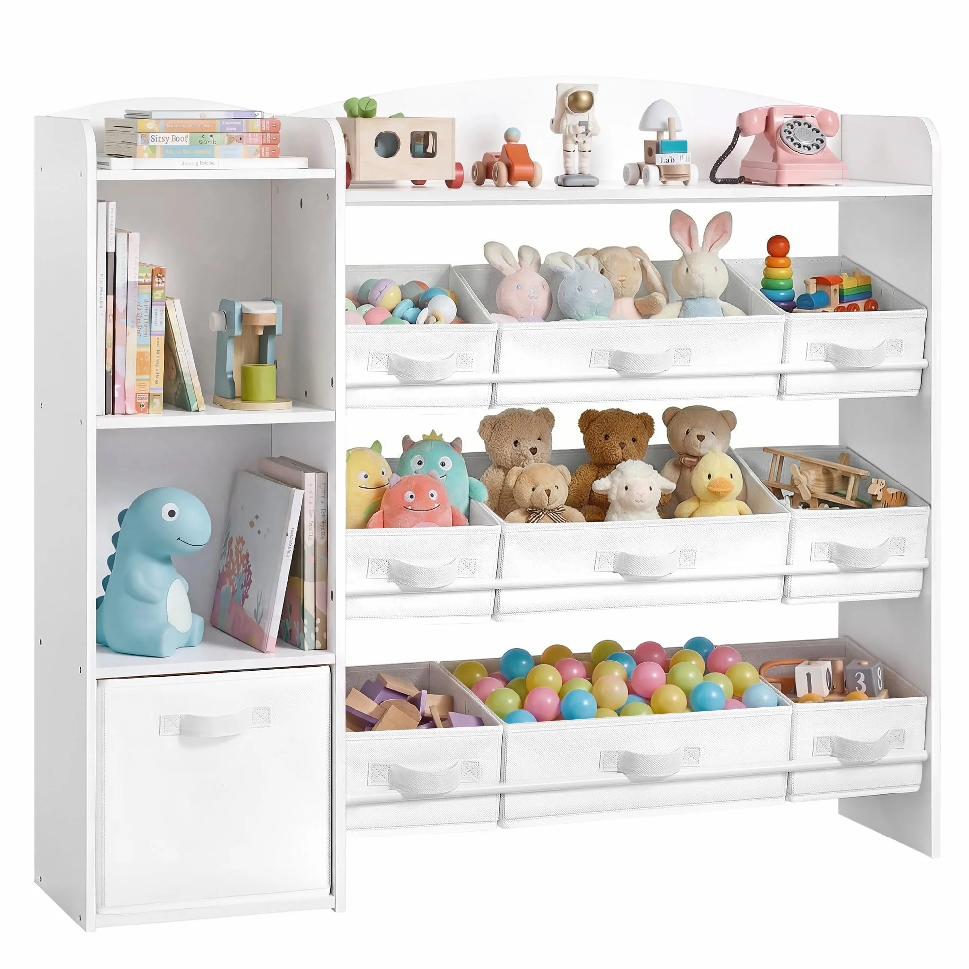 Półka dziecięca SONGMICS, regał na zabawki, regał Montessori, 2 otwarte przegrody, 9 średnich i 1 boczny schowek, do pokoju dziecięcego, 30 x 113,1 x 104 cm, kolor Cloud White GKR061WB01