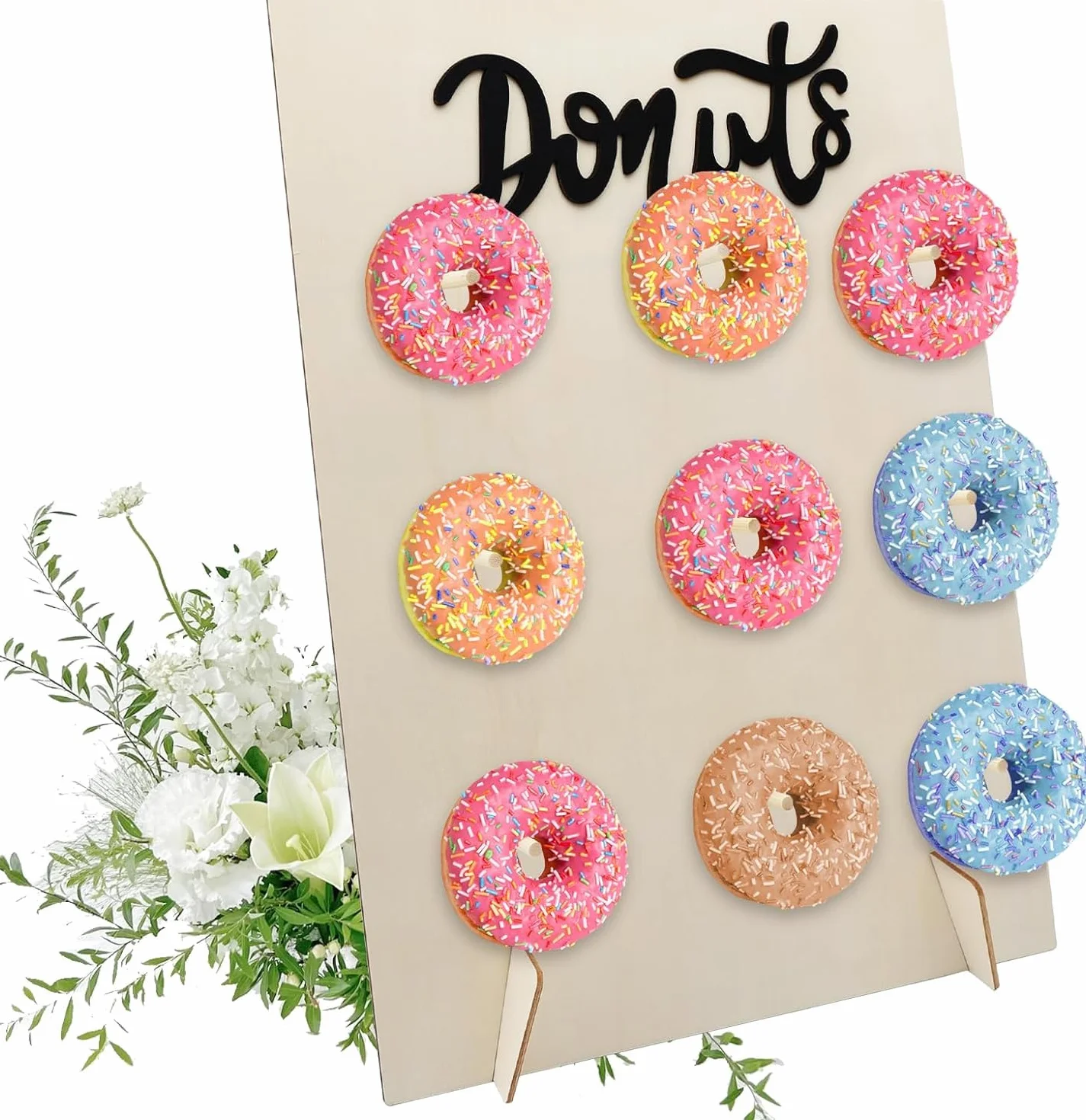 HENGBIRD Drewniany stojak na pączki, wielokrotnego użytku, elegancki stojak na pączki, z 9 otworami do prezentacji pączków, na wesele, urodziny, baby shower, jubileusz i barek na słodycze