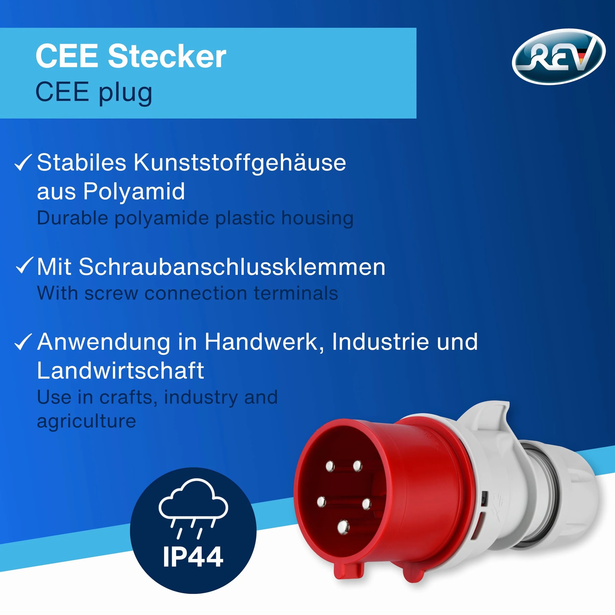 REV 0512540555 wtyczka CEE, 400 V, 32 A, 5-biegunowa, 3Ph+N+PE, wodoszczelna IP44, czerwona
