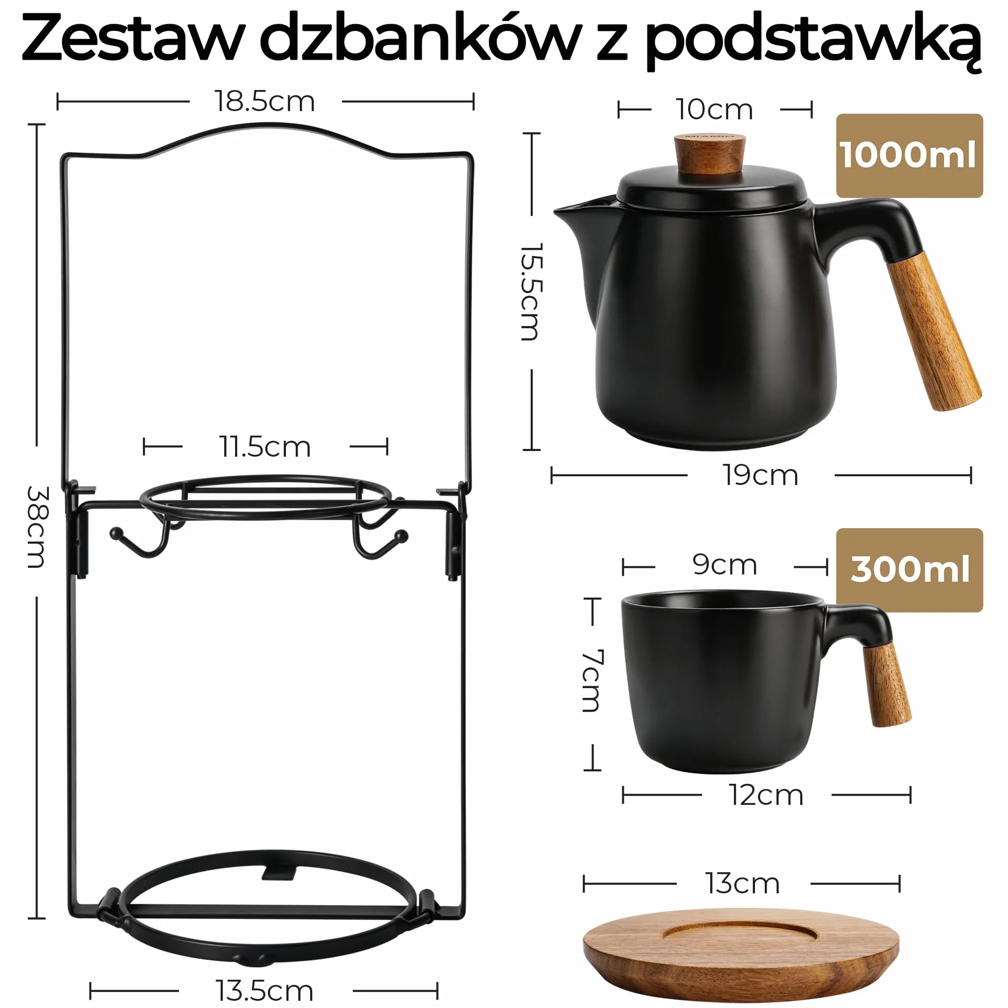 MIAMIO Ceramiczny zestaw dzbanka do herbaty 970 ml z zaparzaczem i kubkami/sitkiem do herbaty, 4 ceramiczne kubki do herbaty (293 g), bambusowe spodki/uchwyt do domu i biura (czarny)