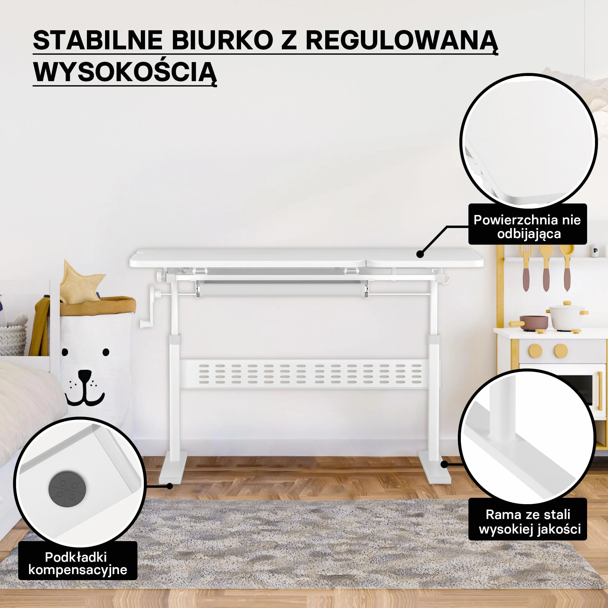 Biurko dla dzieci 100x60cm z regulowaną wysokością i kątem nachylenia z korbą ręczną