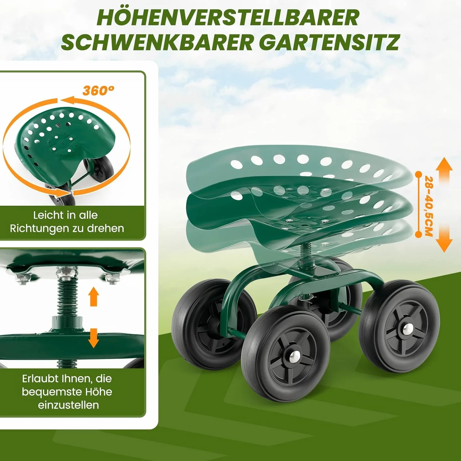 FANTASK Siedzisko na kółkach z kółkami do 150 kg, regulacja wysokości, obracane o 360°, mobilne siedzisko ogrodowe, stołek ogrodowy, metalowy, szerokie opony