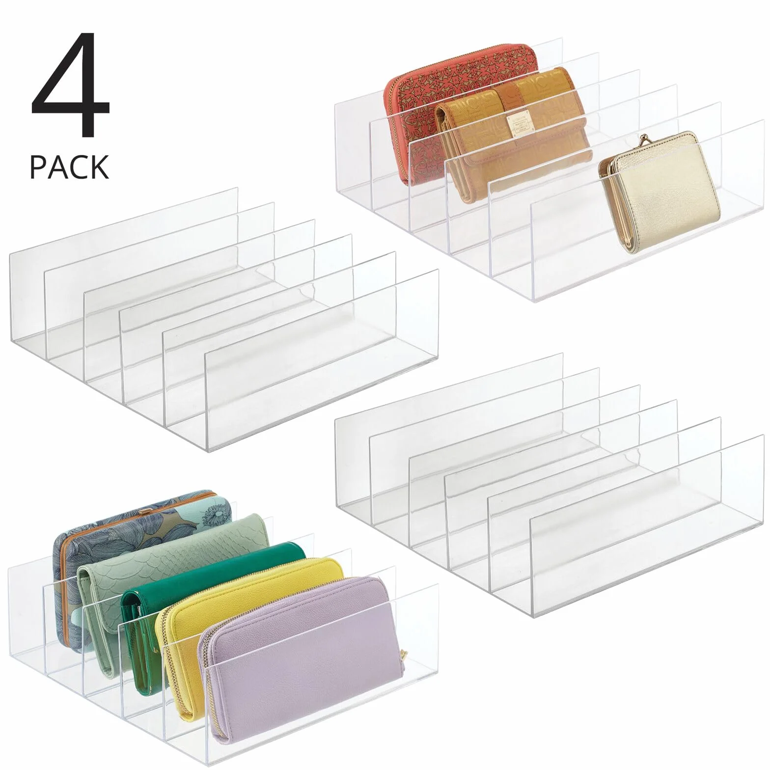mDesign Plastikowy organizer do szafy – Elegancki i praktyczny stojak na torebki i inne akcesoria – Wielofunkcyjny organizer do garderoby, przedpokoju i szafy – 4-pack – Błękitny przezroczysty
