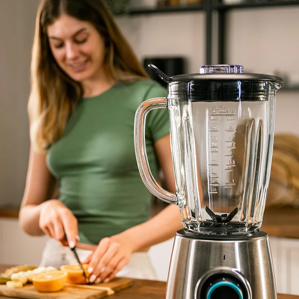 Cecotec Blender do kubków Power Black Titanium 2000MAX Inox Pro. 1800W, 27800 obr./min, 8 ostrzy tytanu, czarny dzbanek ze szkła 1,8 l, 2 prędkości, puls, siekacz lodu, zmywarka, filtr płynny, stal