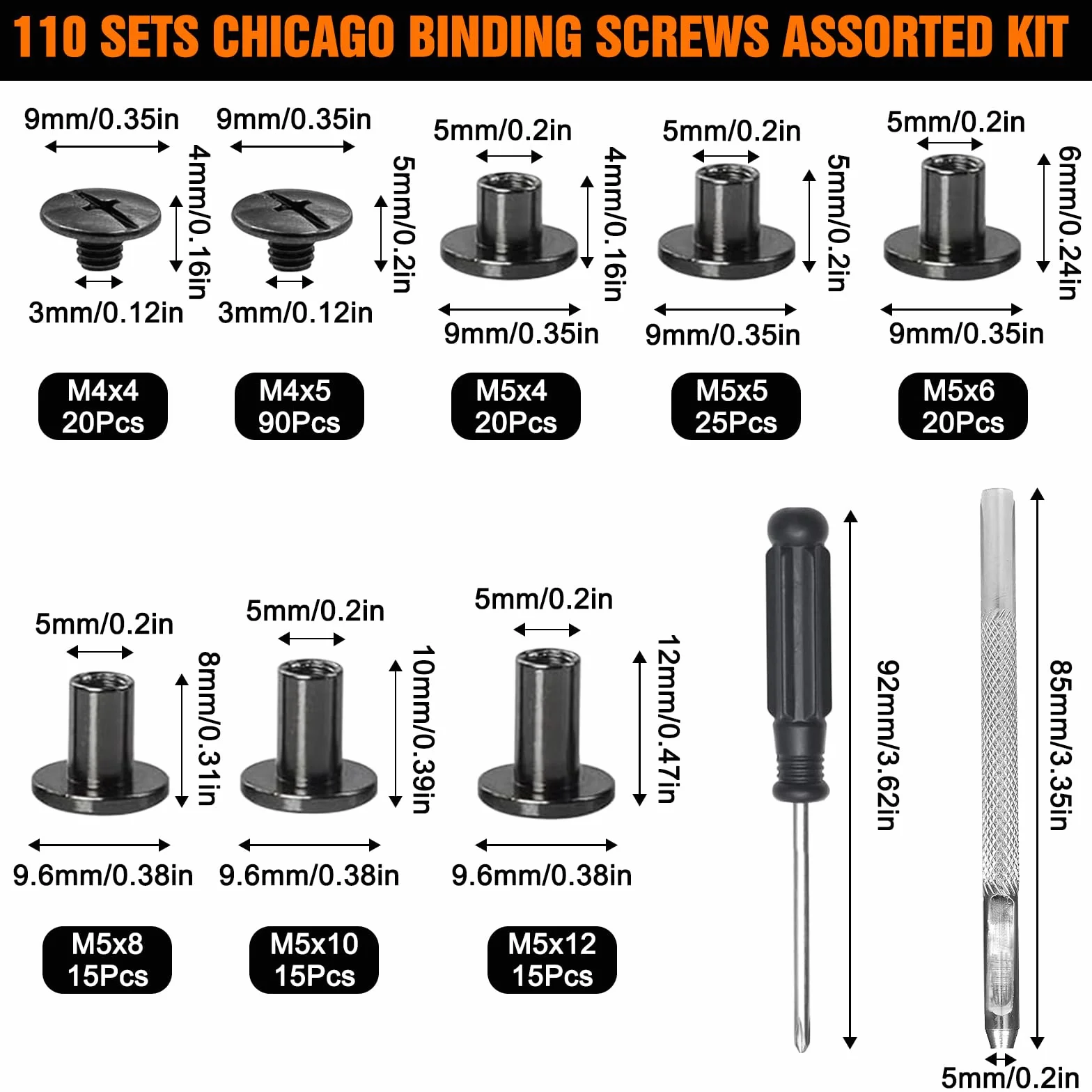 Zestaw 110 sztuk śrub do wiązania Chicago, 4/5/6/8/10/12 mm, zestaw nitów do skóry, 6 rozmiarów, śruby do wiązania Chicago