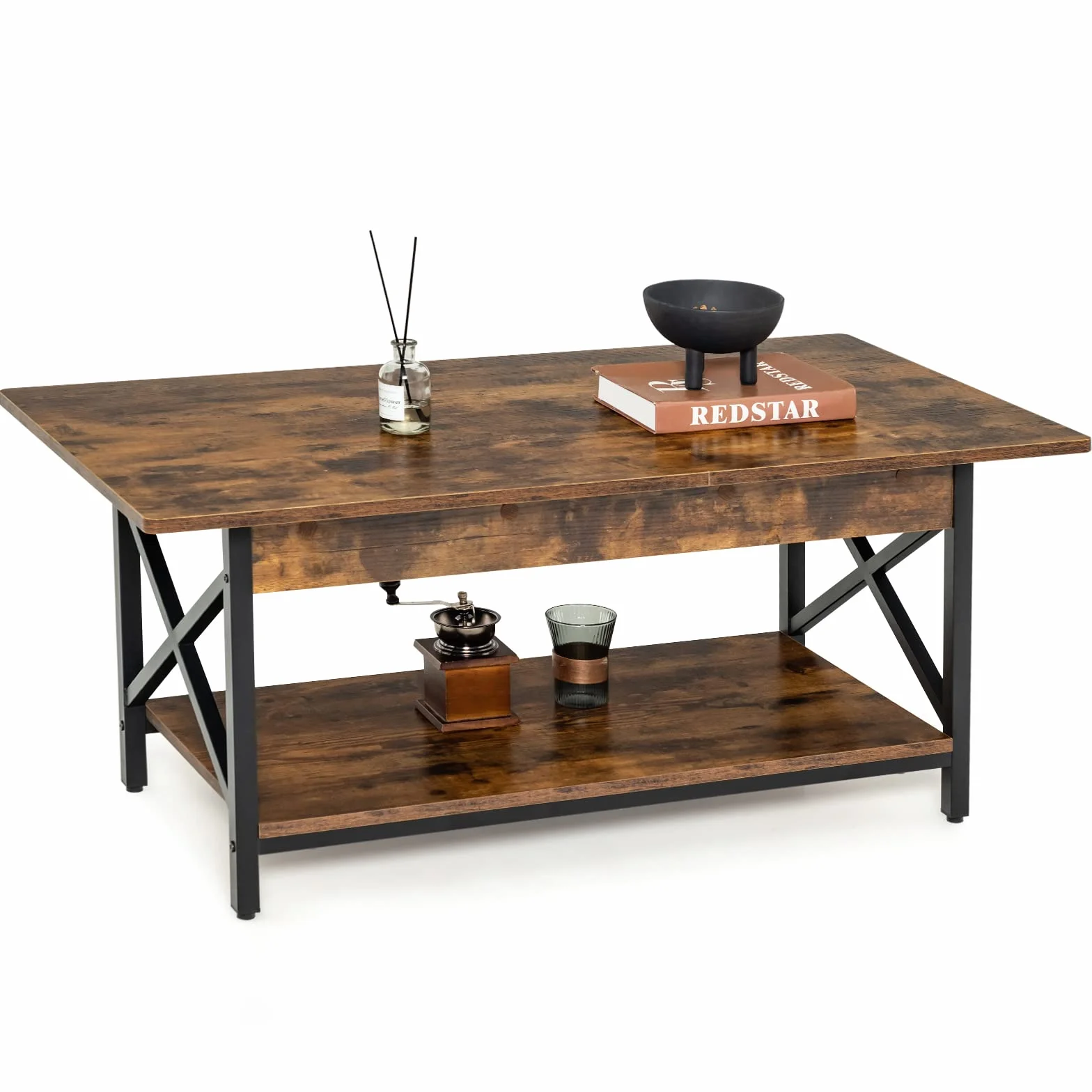 COSTWAY stolik kawowy, stolik z regałem, stół do salonu, stolik do sofy do salonu, wymiary: 110 x 60 x 48 cm (Rustykalny brąz)