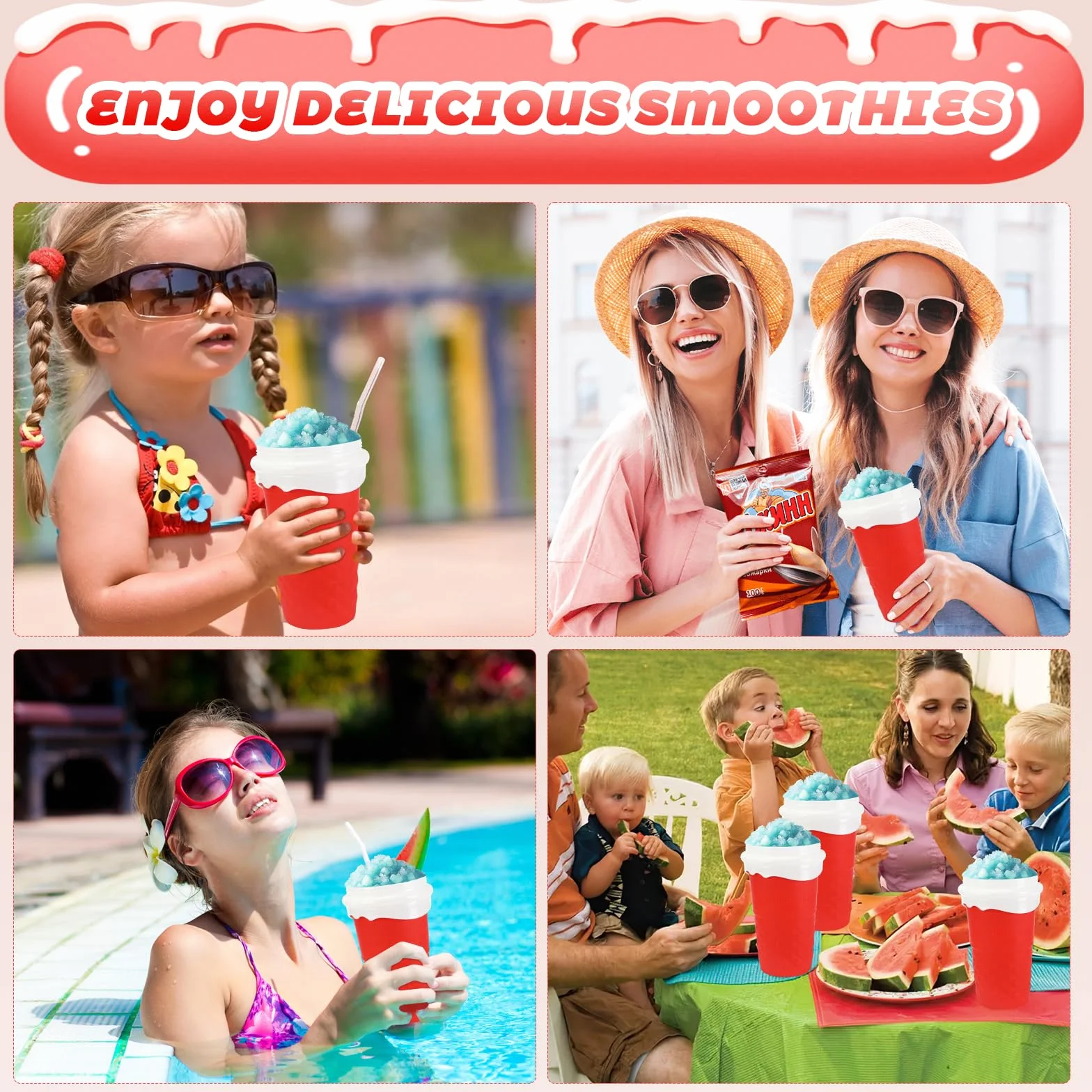Silikonowy kubek Slushy Maker, Slush Cup z łyżką ze słomką do coli lub soku (różowy)