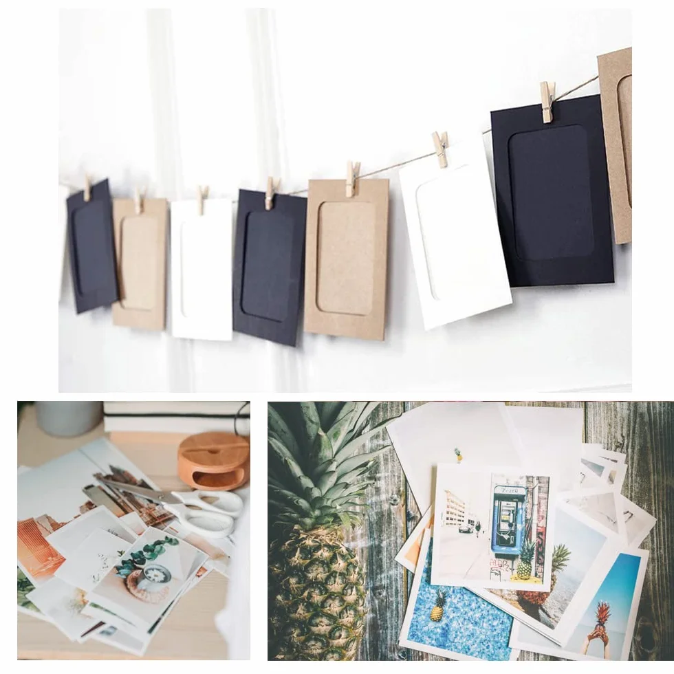 Brązowe papierowe ramki na zdjęcia, 40 sztuk, z papieru typu kraftowego, 11,5 x 15,5 cm, do zawieszenia obrazów, pocztówek z 40 drewnianymi klamerkami i 4 linkami konopnymi, 3 kolory