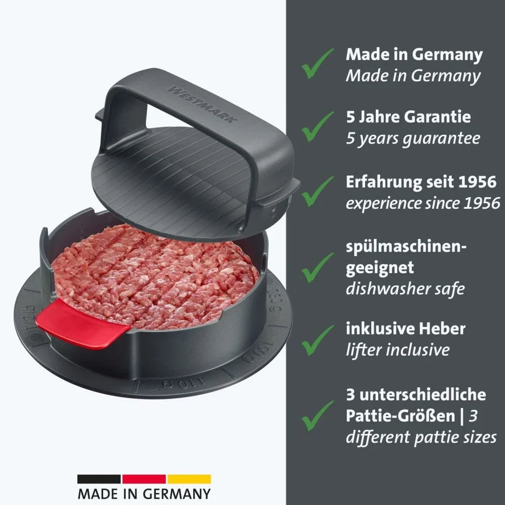Westmark Prasa do burgerów VARIO PLUS – solidna prasa do hamburgerów, regulowana wielkość poszczególnych hamburgerów, czysta aplikacja, również do hamburgerów wegańskich – ABS