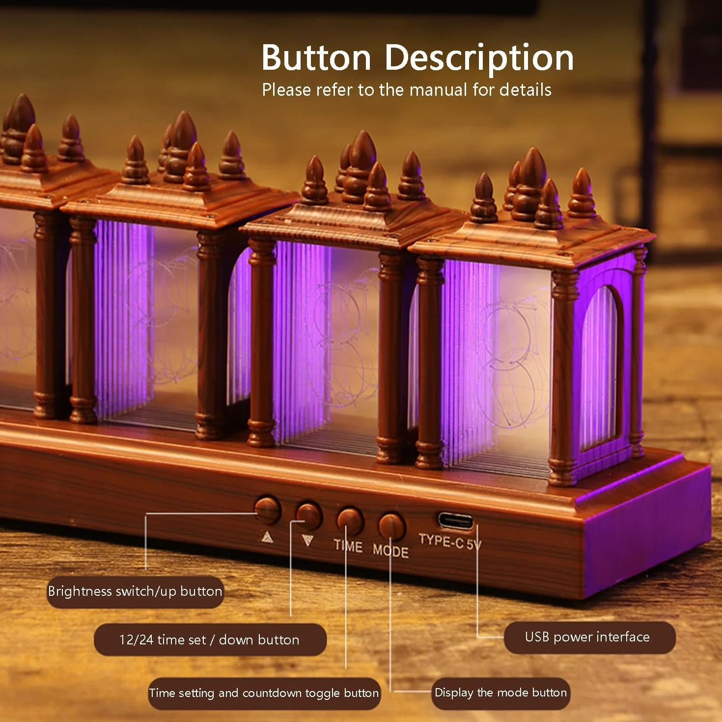Nixie Tube Zegar cyfrowy z orzecha włoskiego, alarm 12/24 h i wyświetlacz, regulowana jasność i kolor, lampka nocna, oświetlenie RGB, montaż biurkowy dla przyjaciela, na Boże Narodzenie, urodziny