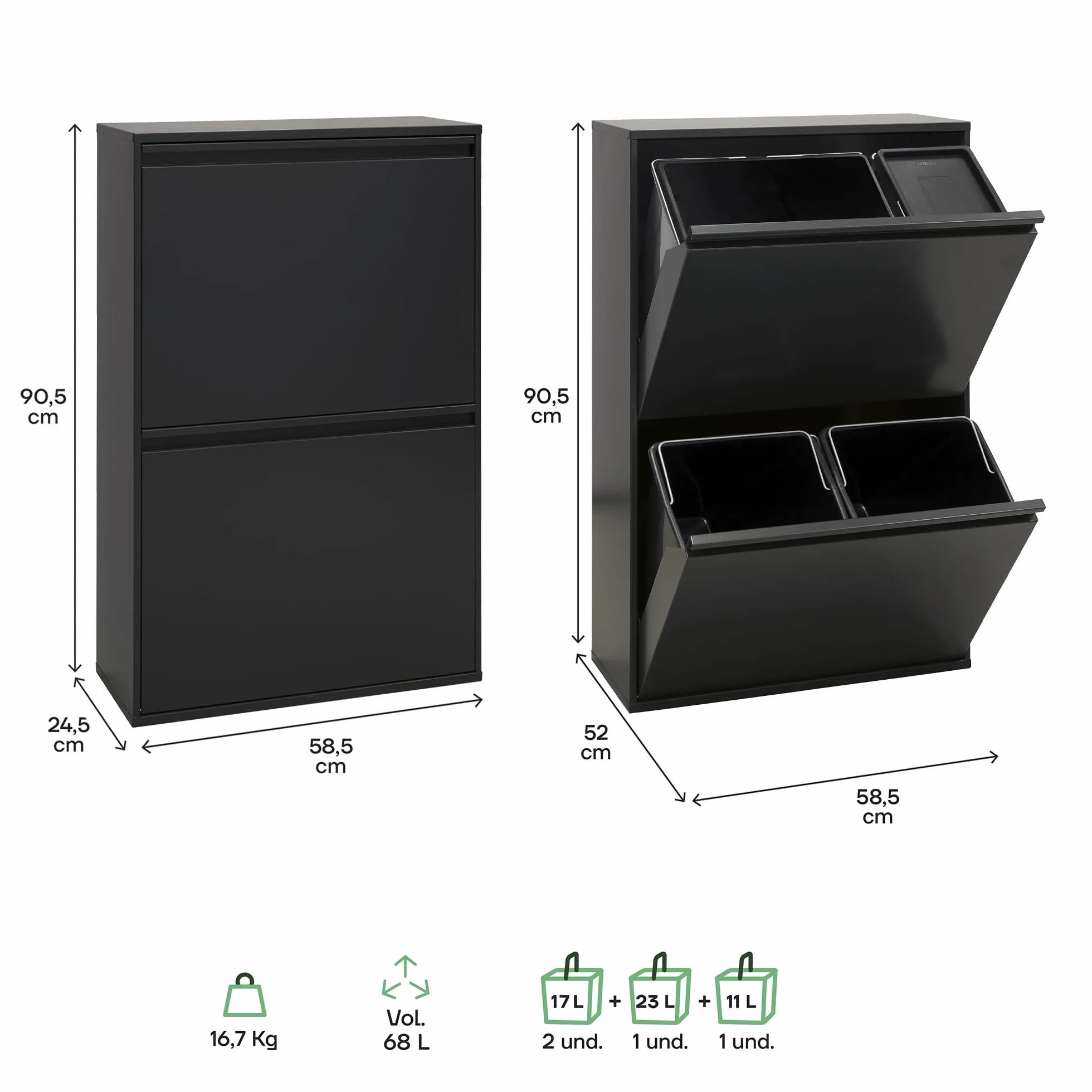 ARREGUI Basic CR606-B2 Kosz na śmieci z 4 pojemnikami | 23+11+17+17 L (68 L) | Selektywny kosz na śmieci do sortowania 4 pojemników | 4 wiadra ze stali | z wiadrem 23 l do pakowania | czarny