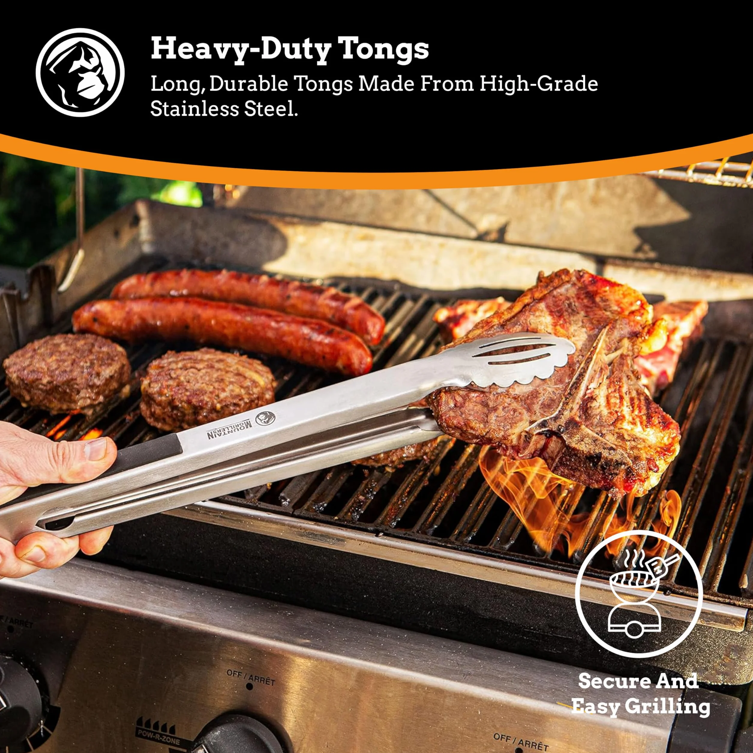 Mountain Grillers Zestaw narzędzi do grillowania – 3-pak przyborów do grillowania, trwałe akcesoria do grilla ze stali nierdzewnej, wyposażone w zamykane szczypce, szpatułkę z otwieraczem do piwa i