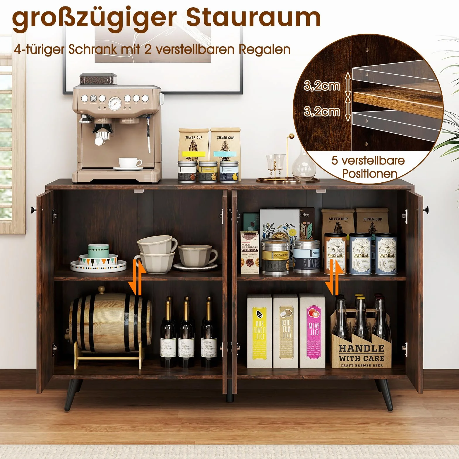 COSTWAY kredens drewniany, komoda z 4 drzwiami i 5-stopniowo regulowanymi półkami, szafka kuchenna, szafka vintage, do salonu, kuchni, jadalni, 127,5 x 38 x 80 cm (brązowy)