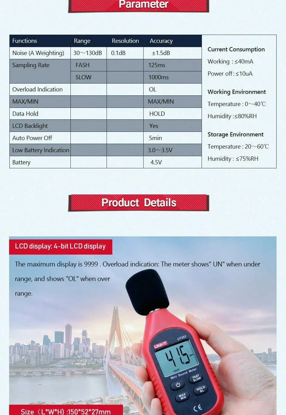 UNI-T Hygrometer UT353 UT353BT Sound Level Bluetooth Meter Digital Noise Measuring Tester 30-130dB Professional Decibel Monitor dB Detector(UT353)