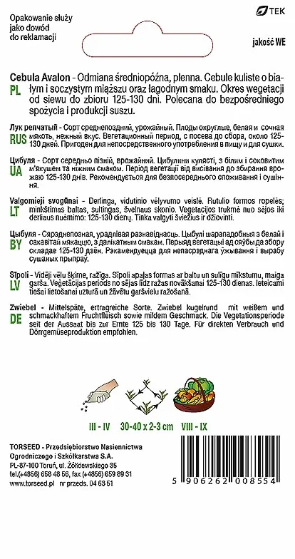 Nasiona cebuli Avalon – wydłużony sezon wegetacyjny, łagodny soczysty smak, białe cebulki o wysokiej wydajności, idealne do świeżego użytku lub suszenia, gotowe do wysiewu polowego