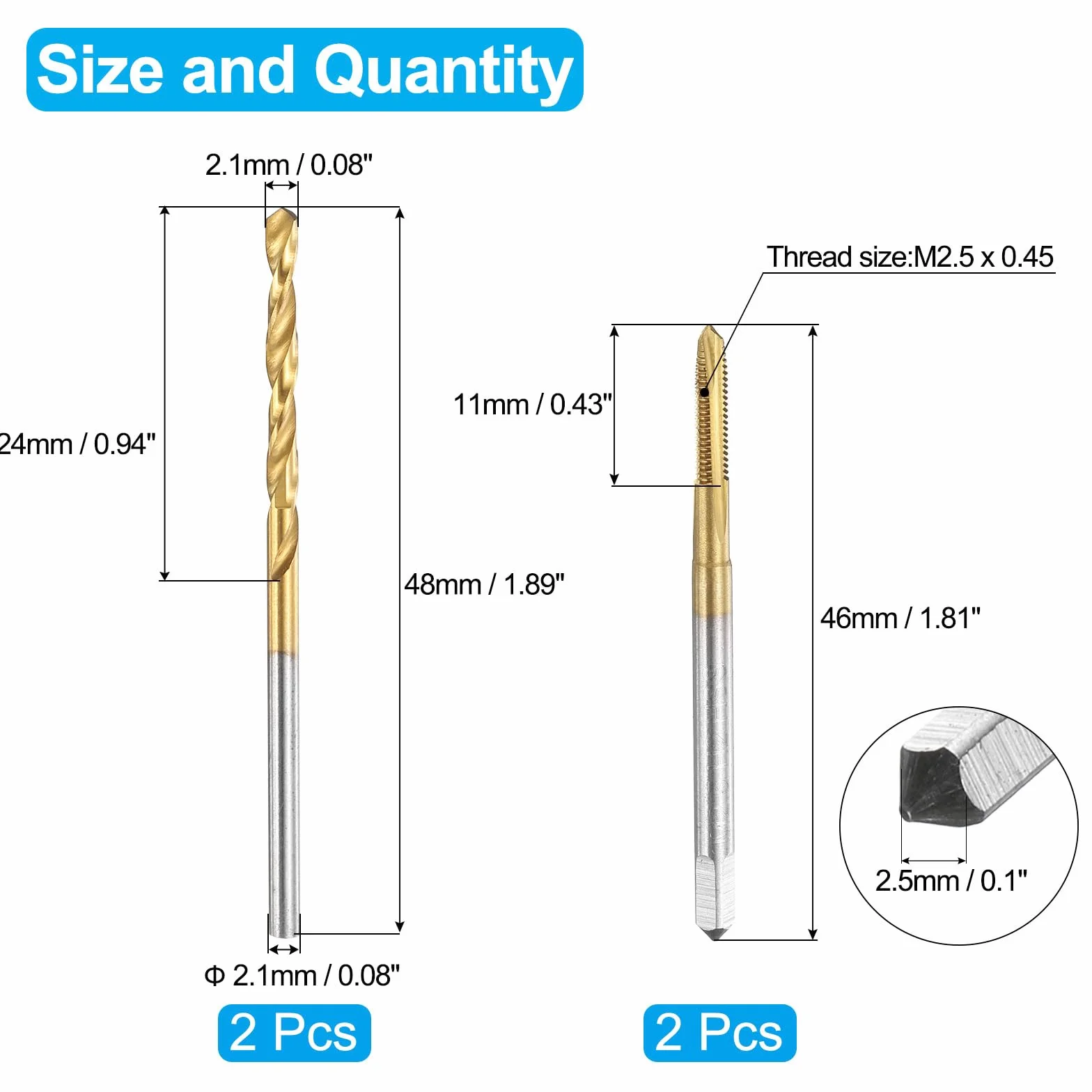 QUARKZMAN Tap and Bit Set, 2 szt. M2.5 x 0.45 Metric Spiral Point Thread Screw Taps & 2 szt. 2,1 mm Twist Bits, Titanium Coated HSS-6542 Tapping Threading Tool Kit
