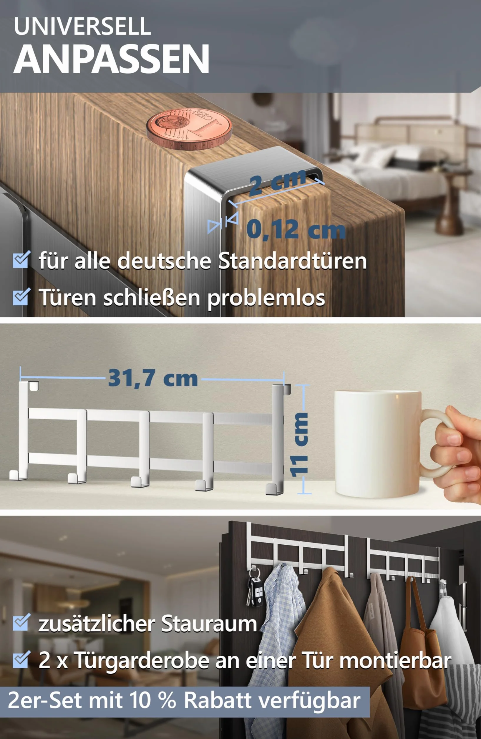 4smile Wieszak na drzwi – listwa z haczykami ze stali nierdzewnej do zawieszenia, uniwersalna, zajmuje mało miejsca – hak drzwiowy do zawieszenia, wieszak na ubrania