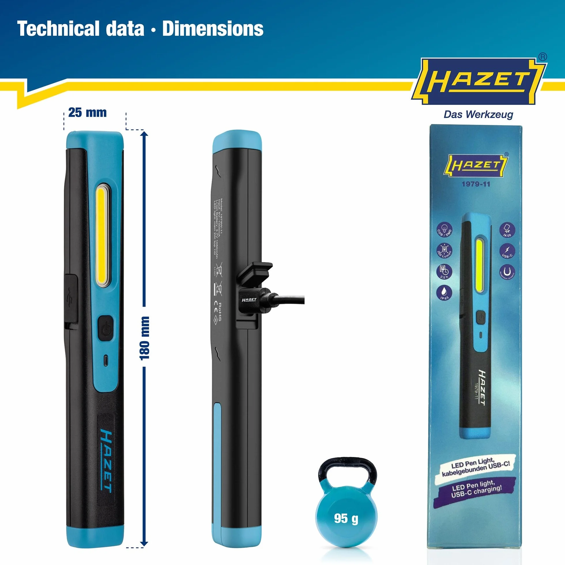 HAZET LED penlight 1979-11 I mała i kompaktowa lampa warsztatowa o wysokiej wydajności świetlnej, bezstopniowo ściemniana, z magnesem do mocow
