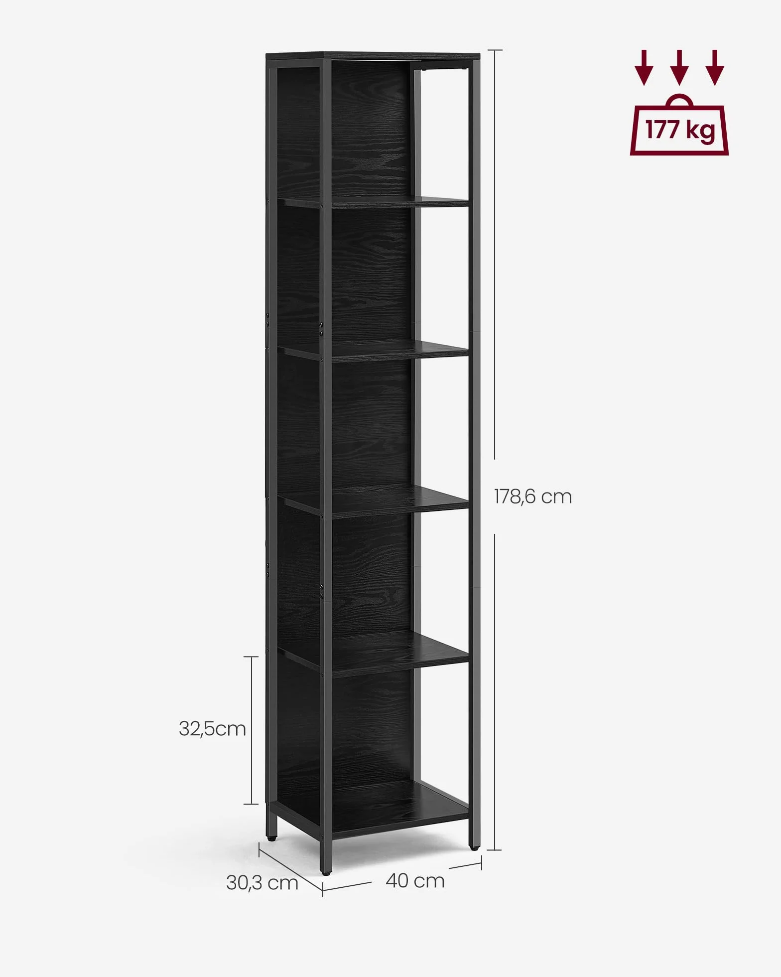 VASAGLE Regał LED z 6 poziomami, regulowany regał na światło, szafka do przechowywania ze stalową ramą, 30,3 x 40 x 178,6 cm, do salonu, sypialni, biura, czarny drewno LLS121B57
