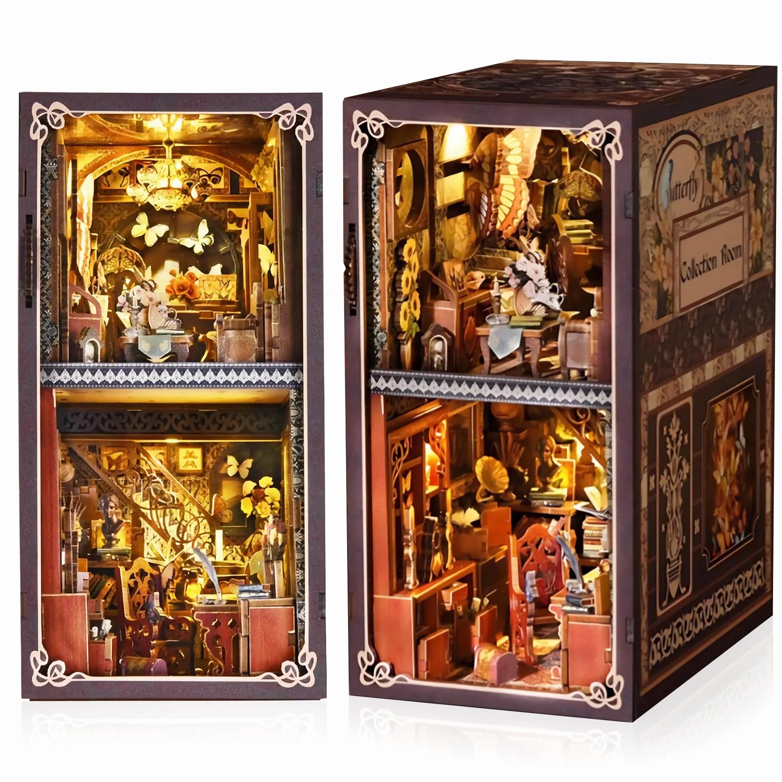 Book Nook DIY Kit - Drewniany model z oświetleniem LED i ochroną przeciwpyłową, kreatywna dekoracja półek, miniaturowy kącik książki dla dorosłych