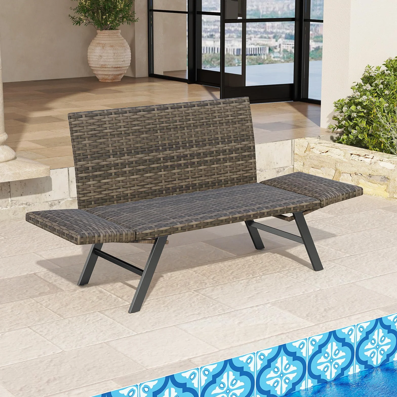 GIANTEX 2-osobowa rattanowa sofa ogrodowa, rozkładana ławka ogrodowa z regulowanymi podłokietnikami, pleciona konstrukcja, długość 163–178 cm, obciążenie 300 kg, leżanka ogrodowa na taras