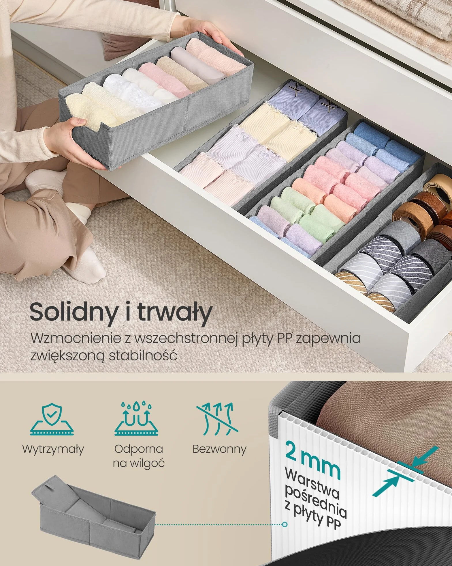 SONGMICS Zestaw 4 organizerów na bieliznę, organizer do szuflady do komód IKEA HEMNES i MALM, bez przegródek, składany organizer do szafy, 40 x 16 x 10 cm na skarpetki, gołębi szary RUS012G01