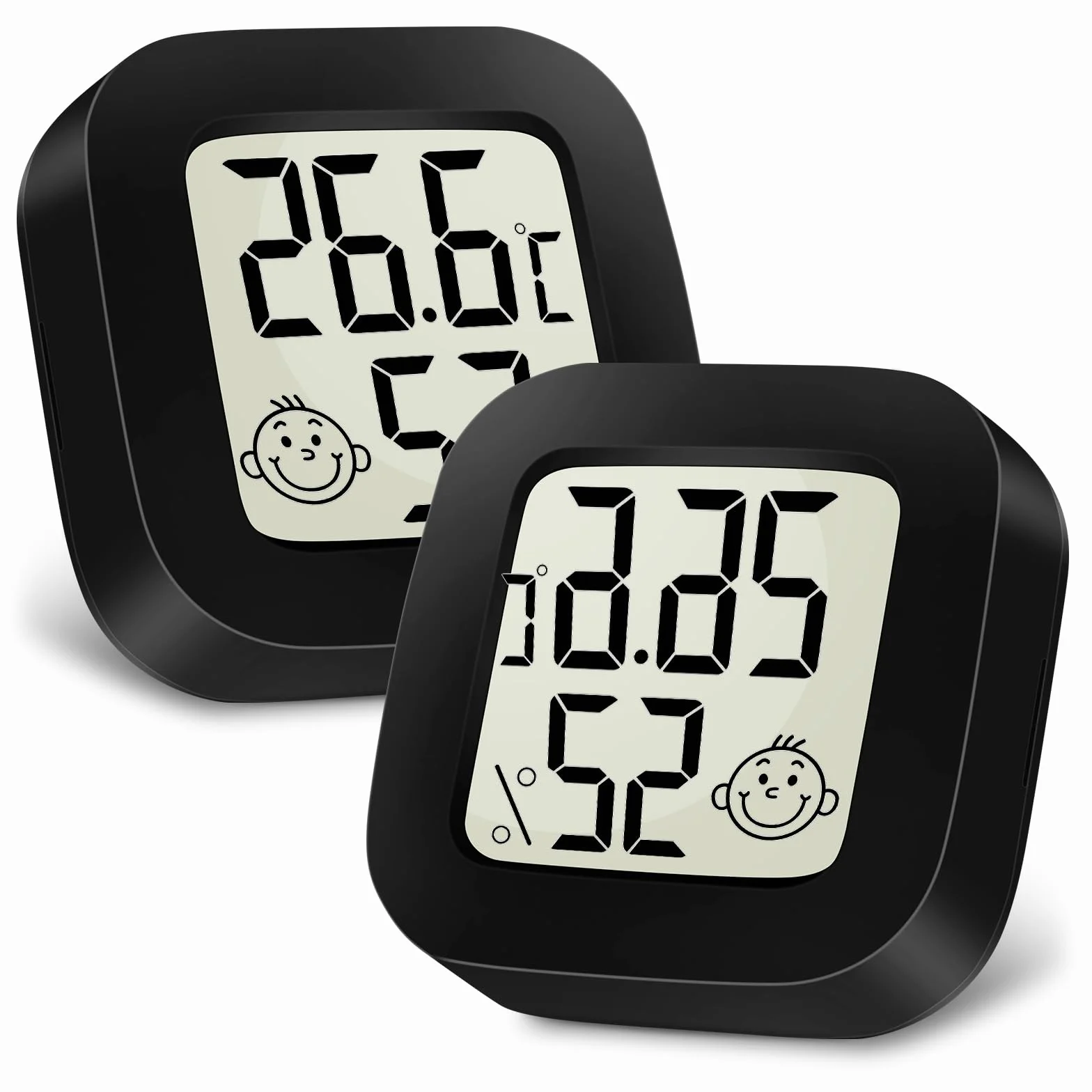 Ainiv Cyfrowy mini higrometr/termometr pokojowy, do pomieszczeń, z wyświetlaczem LCD i ikonami twarzy, z monitorem wilgotności/temperatury, do sypialni, pokoju dziecięcego, samochodu, 2 sztuki