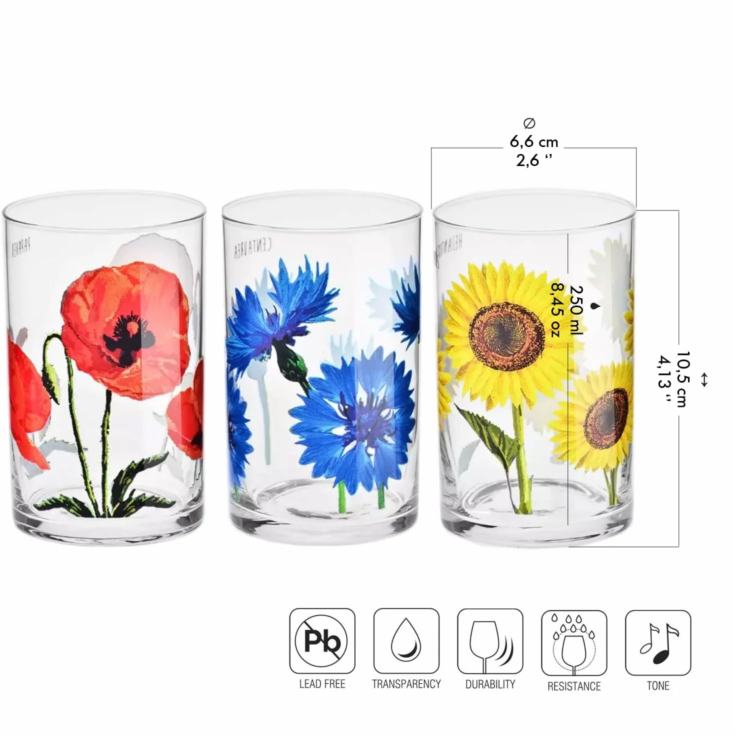 KROSNO | Szklanki do wody i napojów | Zestaw 6 x 250 ml | Kolekcja Bloom Kwiaty | Do zmywarki | Ręczne zdobienie | Szkło ozdobne z kwiatowym nadrukiem | Stabilne dno | Na prezent i do letnich napojów