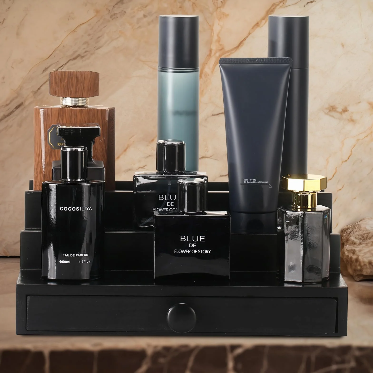 Drewniany organizer na perfumy 3-poziomowy stojak z szufladą i ukrytą przegródką