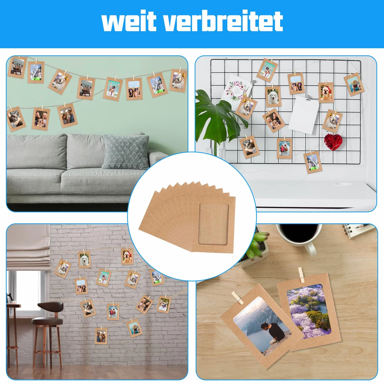 30 szt. papierowych ramek na zdjęcia, z papieru typu kraftowego, 15,2 x 11,5 cm, kartonowa ramka na zdjęcia do majsterkowania, girlanda do zawieszenia z drewnianymi klamerkami i liną konopną do