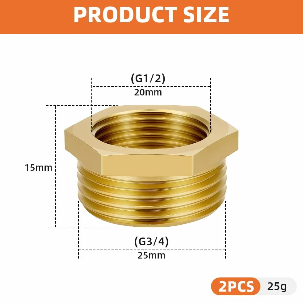 Flintronic 2 sztuki mosiężnych złączek redukcyjnych 3/4 na 1/2 cala, Ø 25 mm gwint zewnętrzny do Ø 20 mm gwint wewnętrzny, redukcja AG/IG z sześciokątem do przemysłu, handlu, ogrodu i gospodarstwa