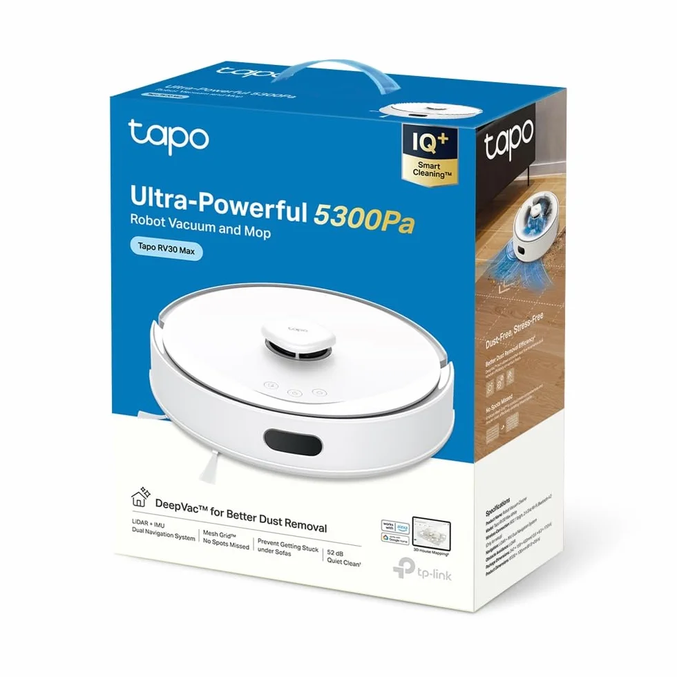 Tapo Robot odkurzający 2 w 1 RV30Max biały, cichy i cienki, bardzo mocny 5300 Pa, nawigacja LiDAR, 150 min autonomia, dywan i sierść zwierząt, sterowanie głosowe
