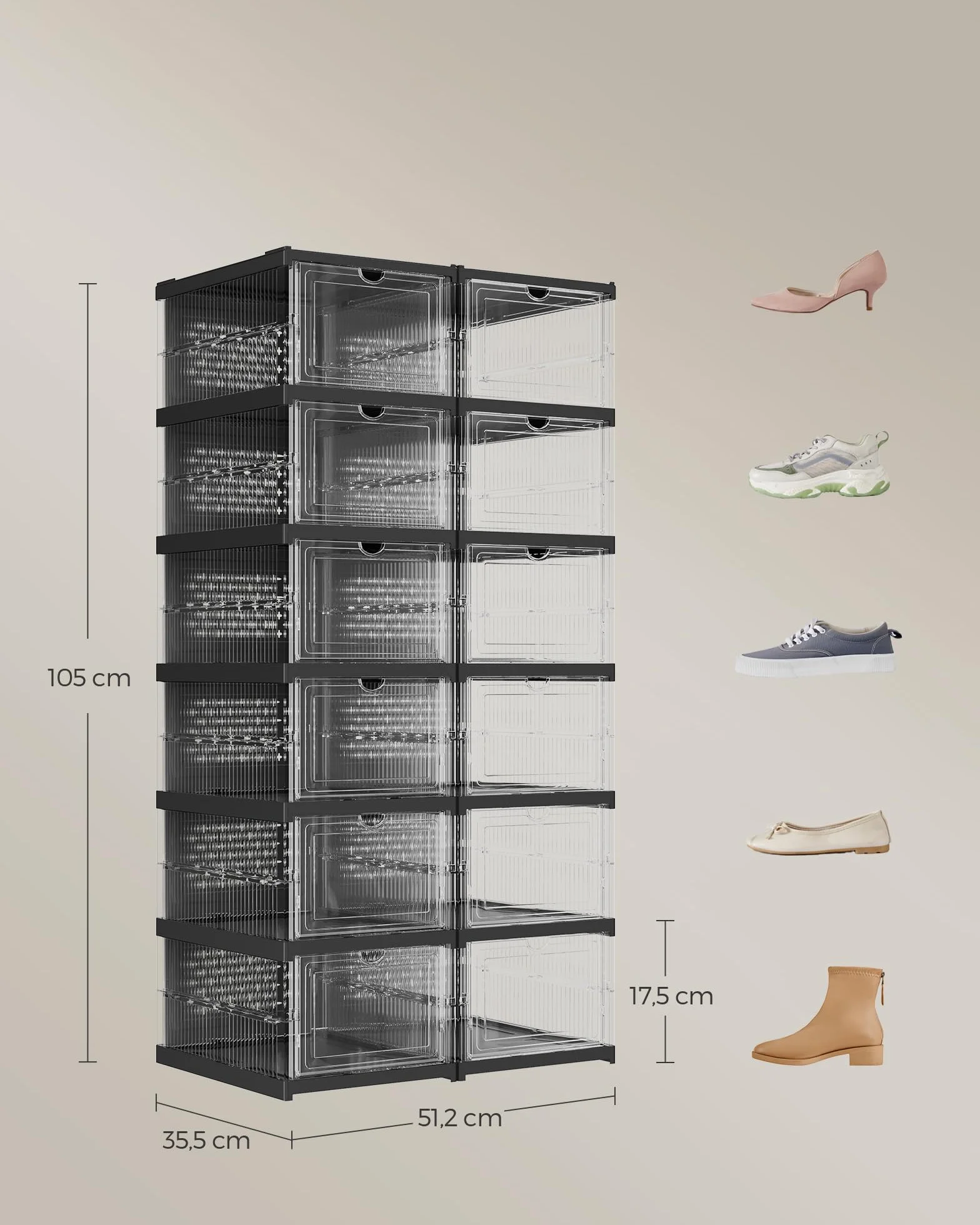 SONGMICS Szafka na buty, 2 sztuki, z 12 pudełkami na buty, zintegrowany organizer na buty, składana, przenośna, na buty do rozmiaru 46, montaż w 1 minutę, przezroczysty tusz czarny LSP206B01
