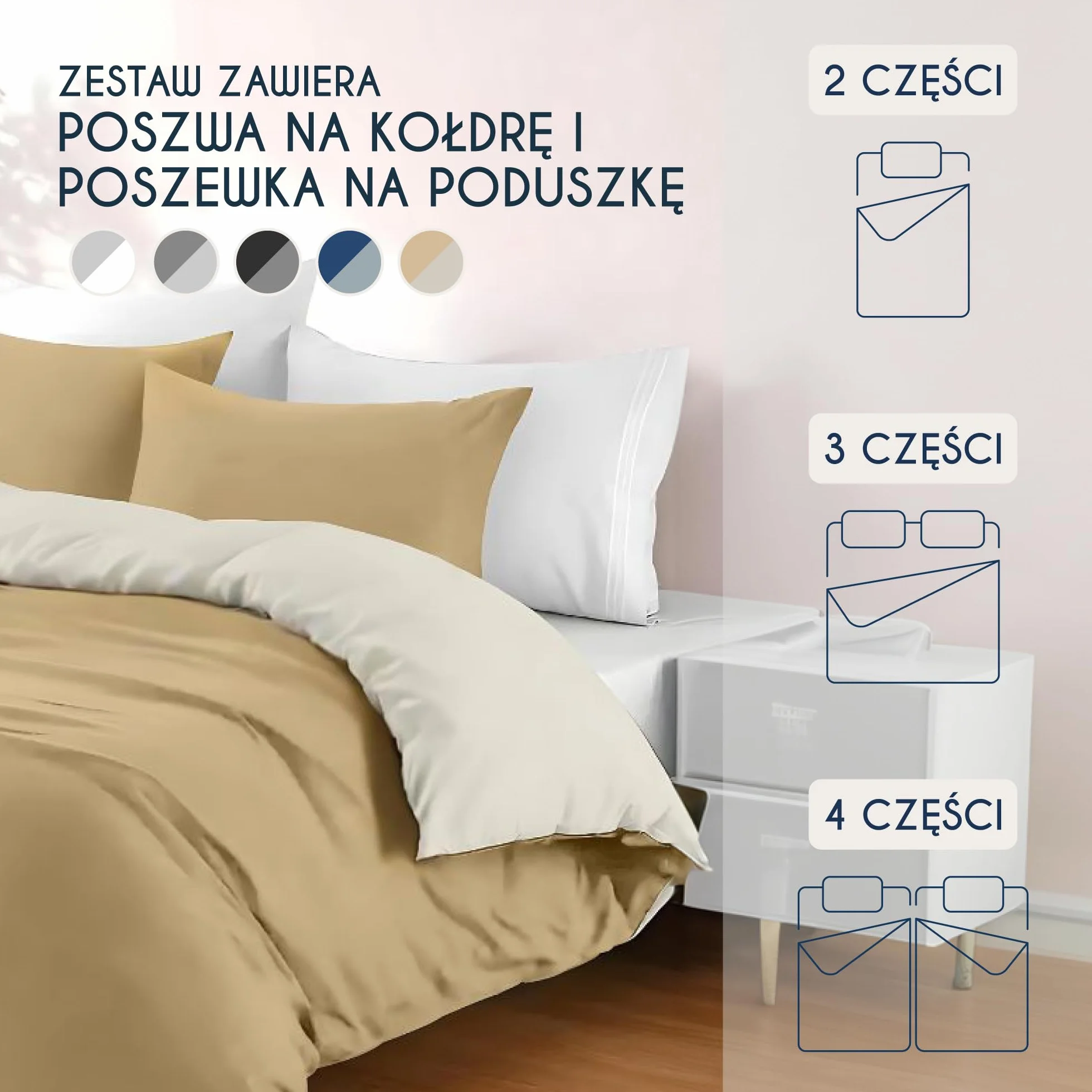 Poszwa na kołdrę 240x220 cm z 2 poszewkami 50x70 cm Beżowy Piaskowy Zestaw pościeli 100% mikrofibry 3 sztuki Oeko TEX