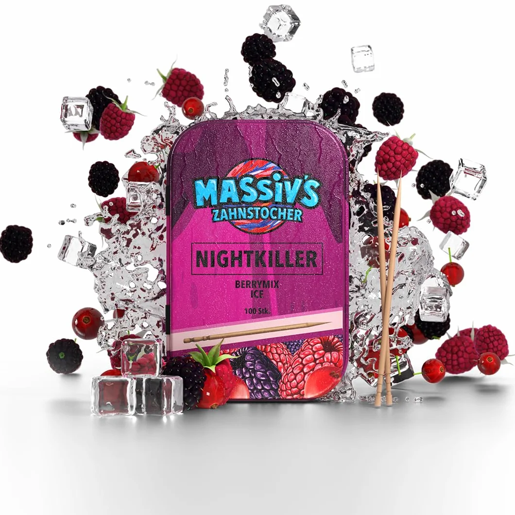 Massiv’s Toothpicks – Smakowe wykałaczki – NIGHTKILLER Berrymix Ice – 100 smakowych wykałaczek – Świeży oddech – Stylowa metalowa puszka – Wegańskie, bez cukru, bez kalorii