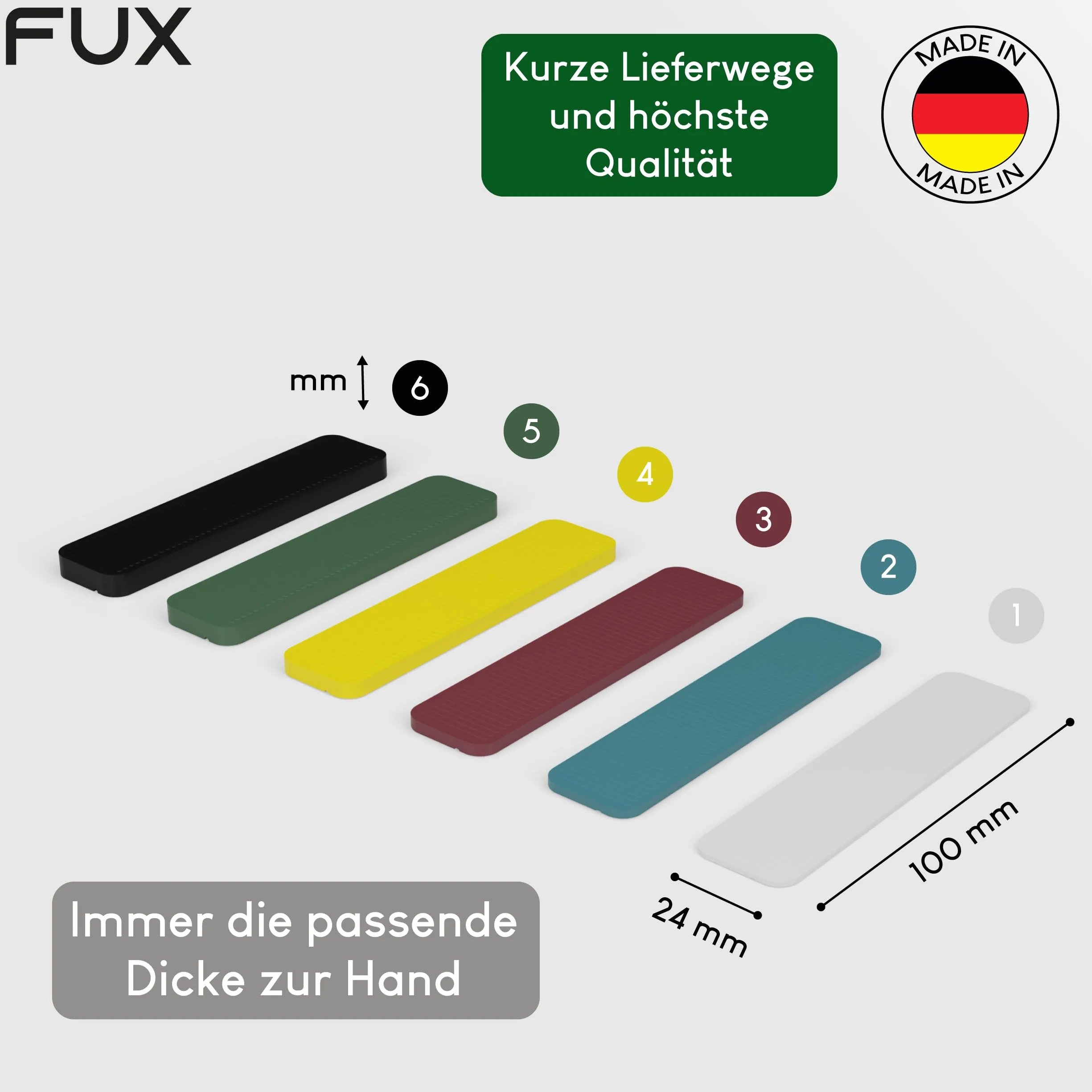 FUX 300 sztuk podkładek dystansowych SET 100 mm x 24 mm x 1 mm-6 mm | Wyprodukowane w Niemczech | Podkładki, podkładki dystansowe z tworzywa sztucznego, podkładki dystansowe