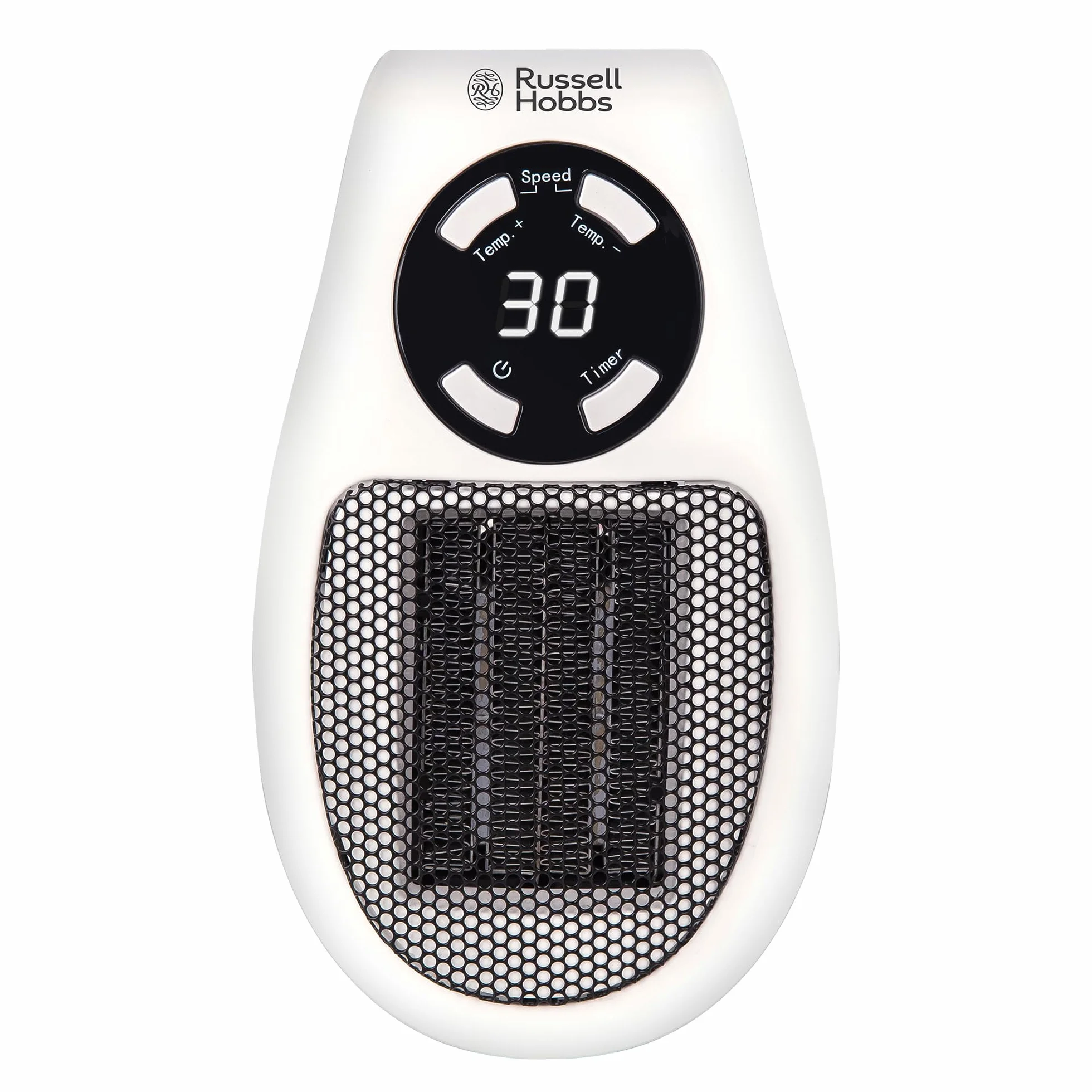 Russell Hobbs RHPH2001 ceramiczny podgrzewacz do gniazdek 500 W, regulowany termostat, 12-godzinny timer i wyświetlacz LED, 2 prędkości wentylatora, kolor biały