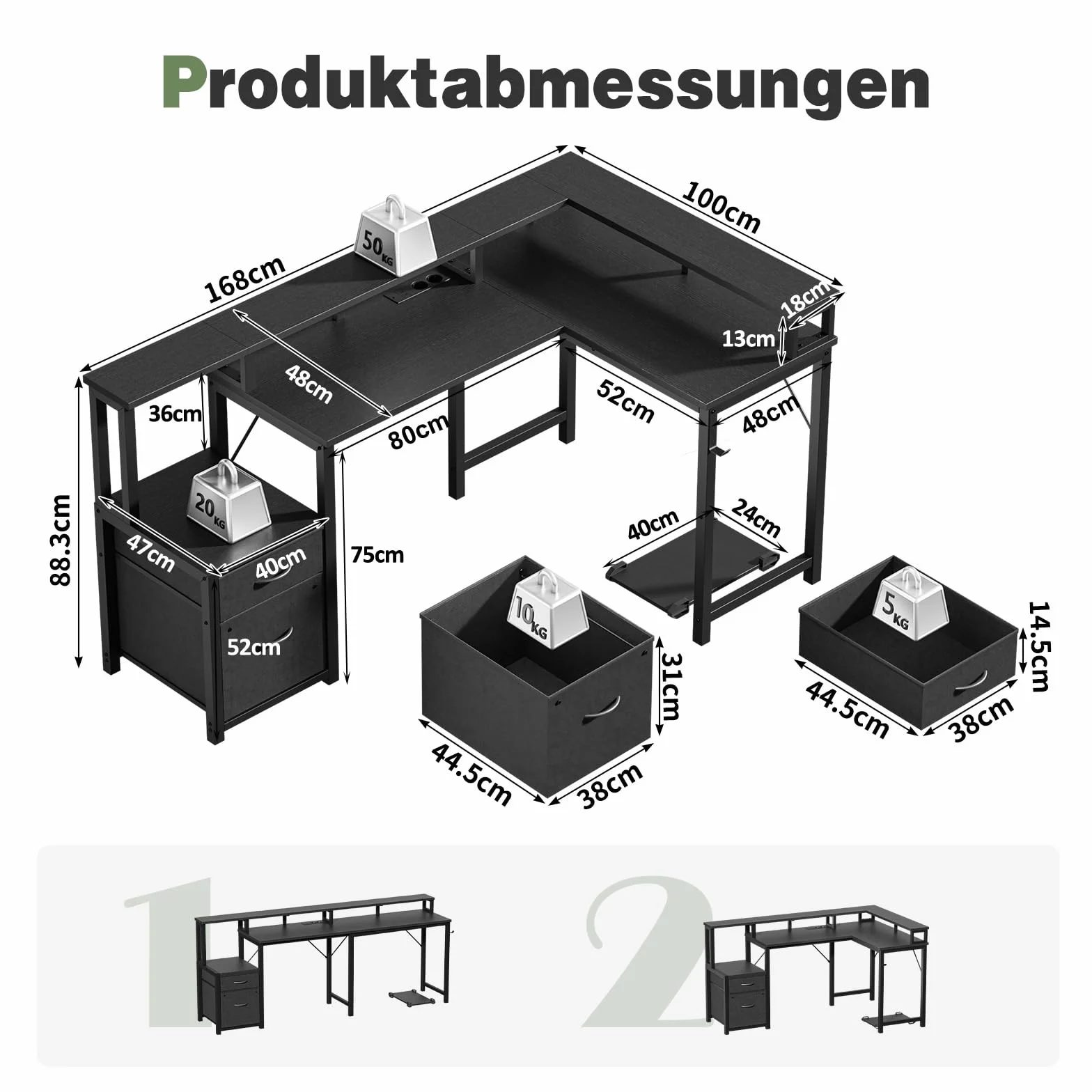 YOUDENOVA Biurko narożne z szufladami, w kształcie litery L, 168 x 100 cm, stolik gamingowy z diodami LED, biurko komputerowe z gniazdkiem i przyłączem USB do ładowania, kolor czarny