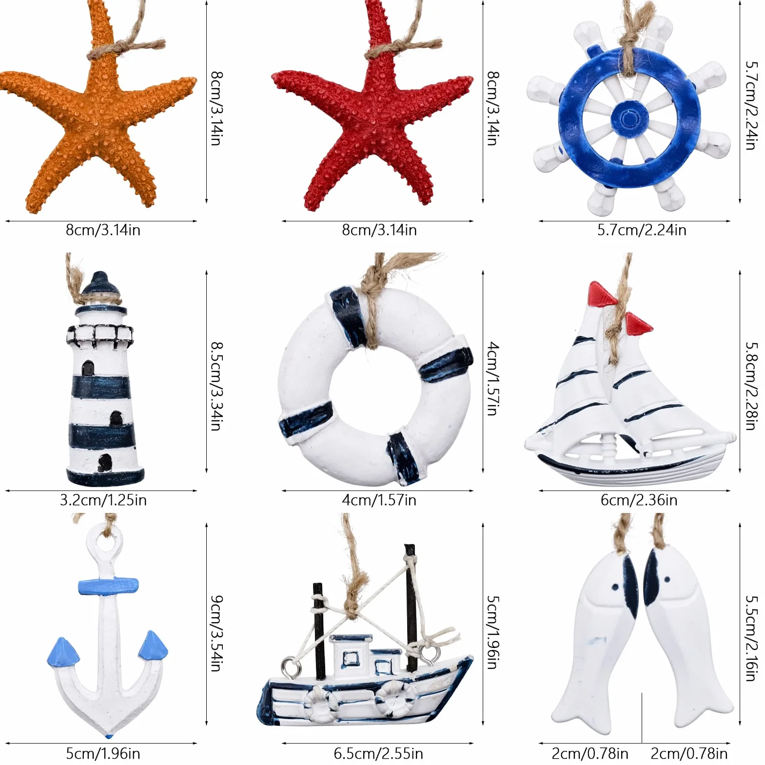 9 sztuk dekoracyjnych zawieszek morskich, małe drewno, do ściany sieci rybackiej, zawieszki dekoracyjne, morze z wiszącą kotwicą, miniaturowe koło ratunkowe, mini łódź, rozgwiazda, ryba, wioślarnia