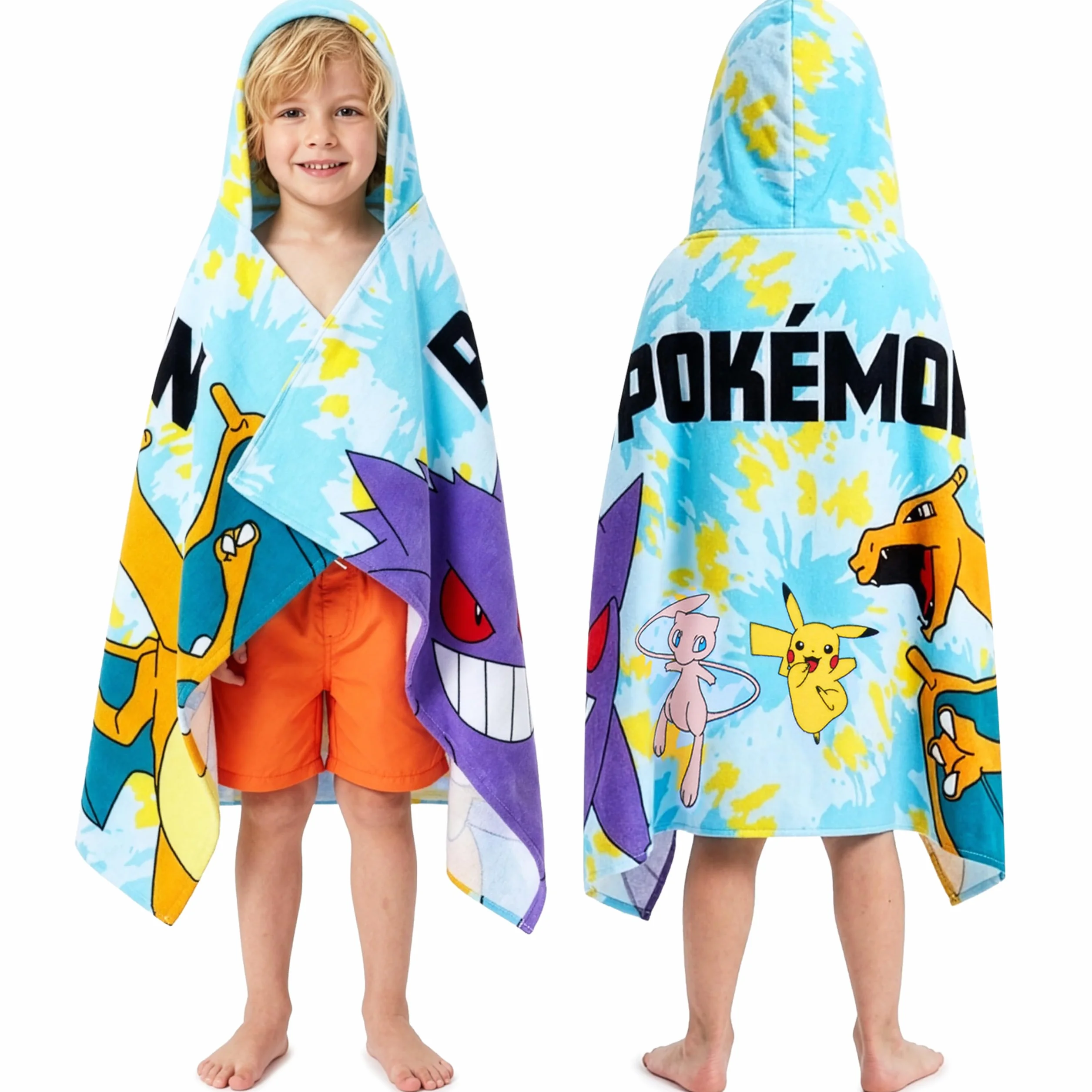 Pokemon Ręcznik plażowy z kapturem dla dzieci, chłonny szlafrok, bawełniane ponczo, ręczniki kąpielowe, niebieski, 6-14 lat