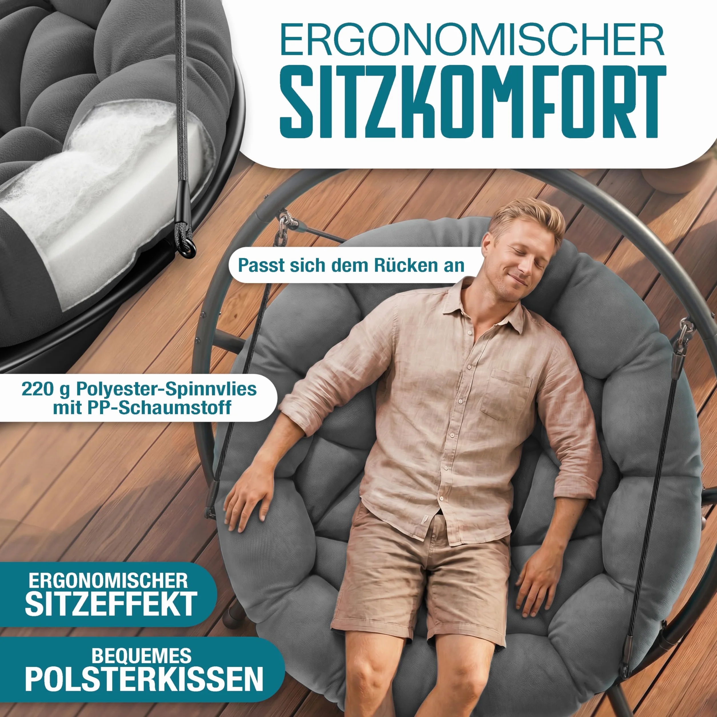 KESSER® Fotel wiszący ze stalowym stelażem, huśtawka, do 150 kg, do użytku wewnątrz i na zewnątrz, z poduszką i kieszenią boczną, kosz wiszący, piankowa poduszka, idealny do salonu i ogrodu