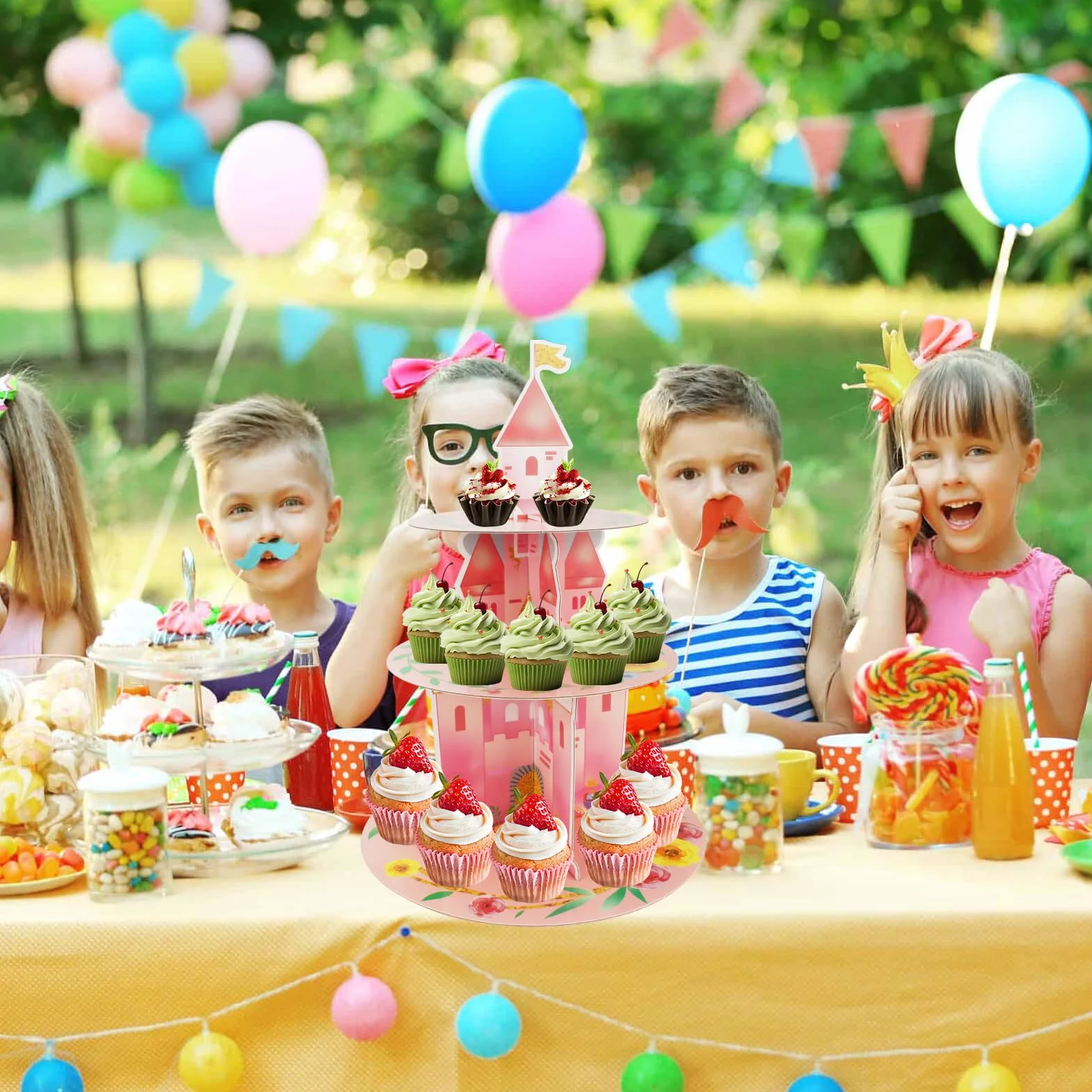3-poziomowy stojak na babeczki akwarelowe w kształcie różowego zamka, stojak na muffinki, stojak na tort z kartonu, na przyjęcia urodzinowe, imprezy herbaciane, wielokrotnego użytku