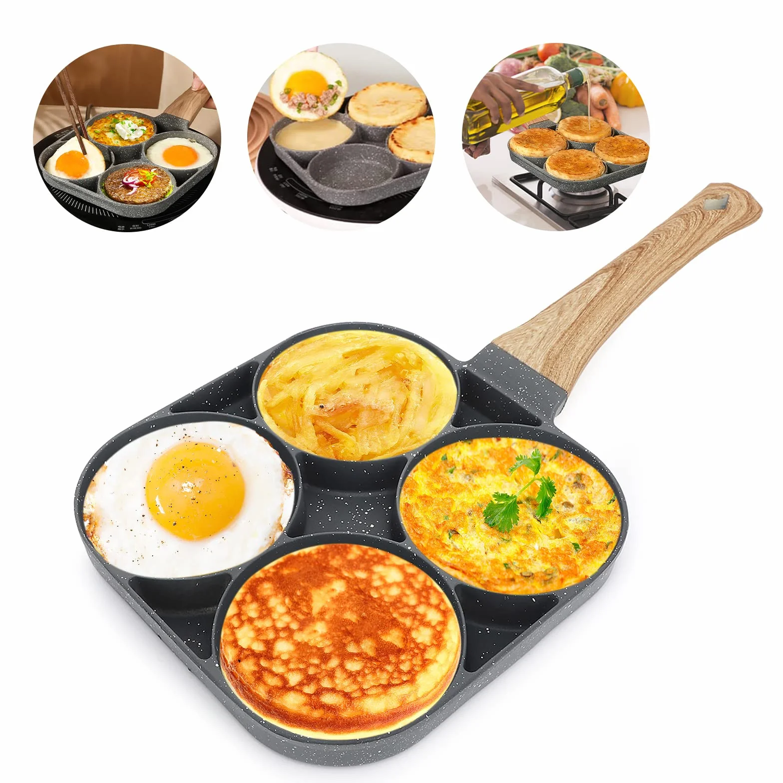 LOMUG Patelnia do naleśników, patelnia do smażonych jajek, 4 otwory Patelnia naleśnikowa i omlet aluminiowa płyta do naleśników hamburgery smażone jajka, śniadanie Patelnia do naleśników do kuchenek