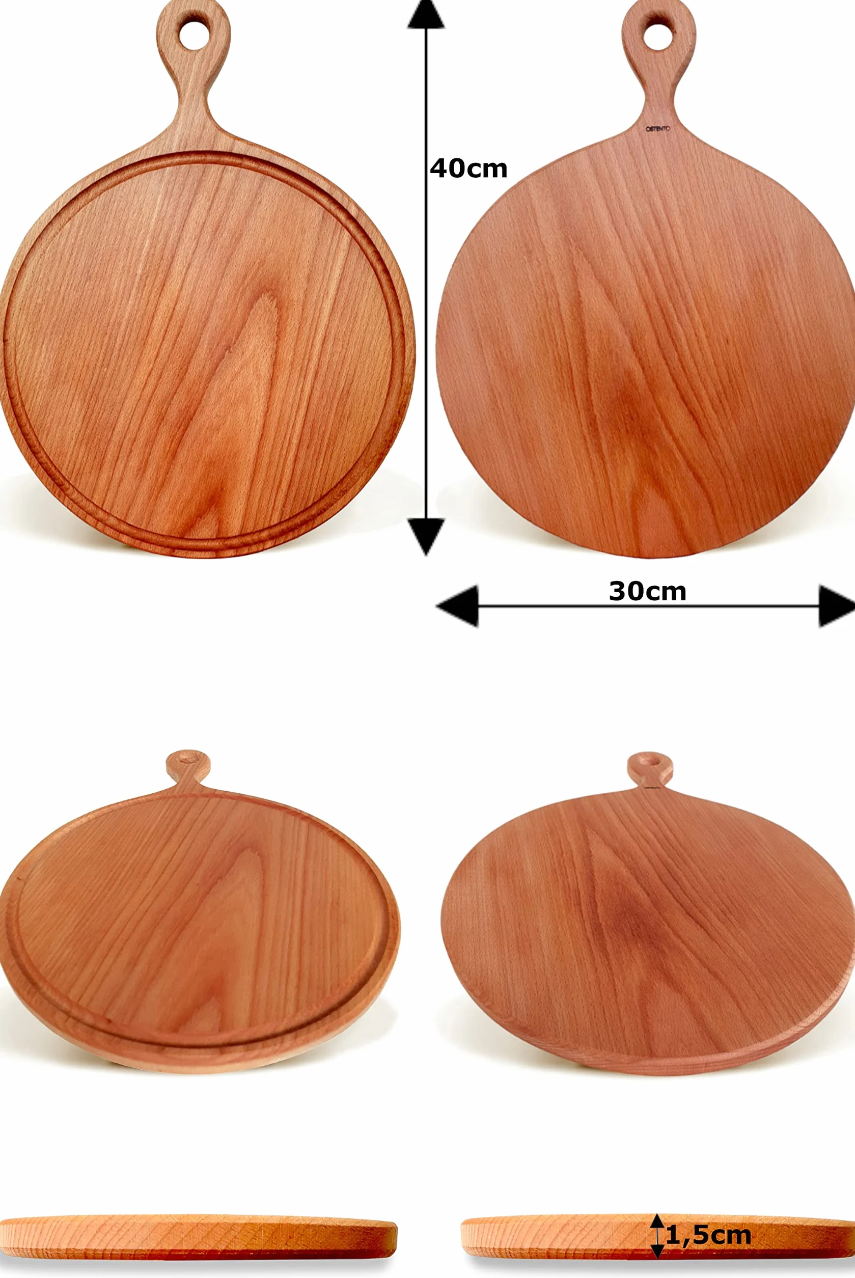 Drewniana Deska do Pizzy Okrągła | Drewniana Taca do Pizzy z Uchwytem, dwustronna Deska do Krojenia z Rowkiem na Sok, Deska do Serwowania 40x30x1,5 cm - Made in EU