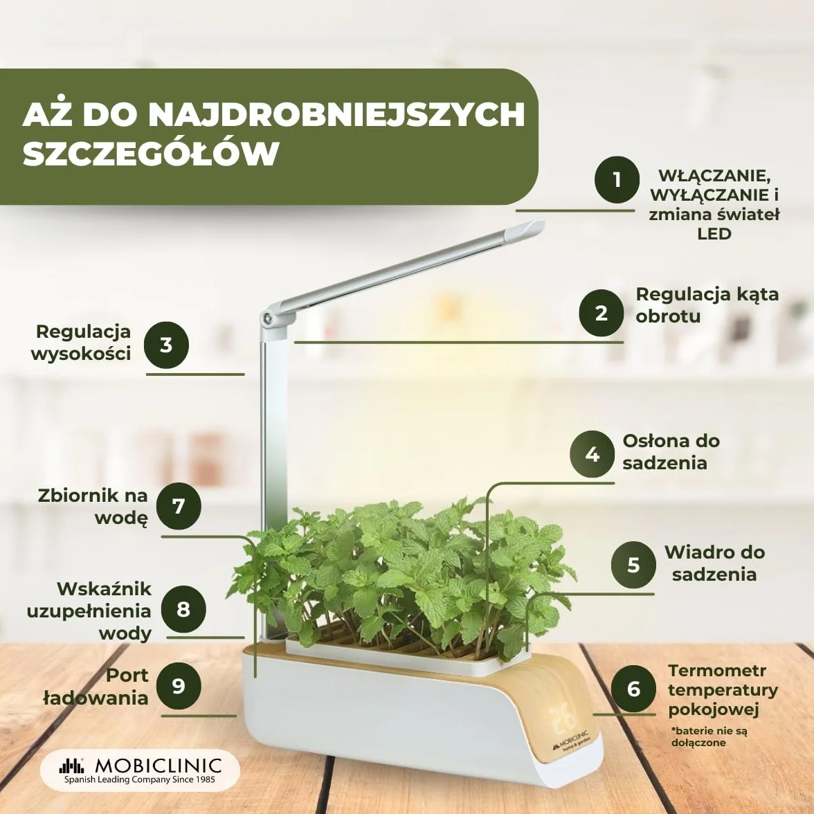 Mobiclinic®, Hydroponiczny system uprawy, Mini-grow, Światł do regulowana wysokość i kąt, Timer wody przypomnienie, Zestaw kiełkowania roślin, Automatyczna dioda led, 4, 5 w