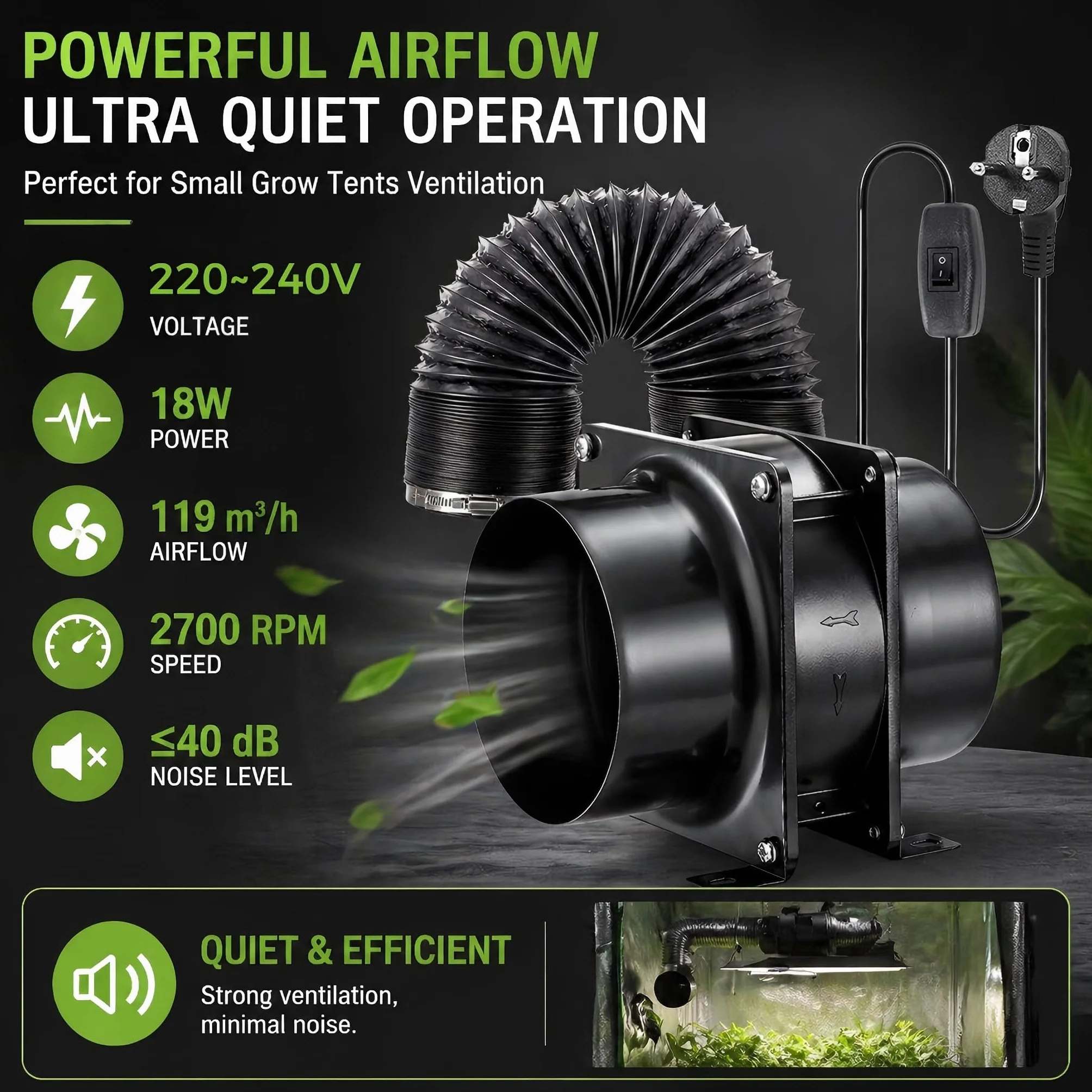 Osiowy wentylator rurowy Ø 100 mm, z włącznikiem/wyłącznikiem, wąż kanałowy 2 m, do garażu, biura, namiotu uprawowego