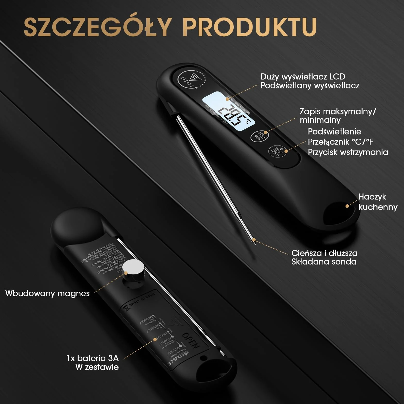 DOQAUS Cyfrowy termometr do mięsa, błyskawiczny termometr do żywności z podświetlanym ekranem LCD, składana długa sonda i automatyczne włączanie/wyłączanie, termometr do grilla, termometr do kuchni, g