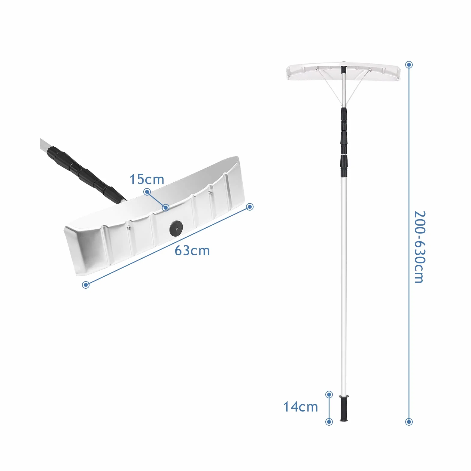 GOPLUS Łopata do śniegu dach, zakres regulacji 200-630 cm, aluminiowa szufla do śniegu, lekka szufla z teleskopowym trzonkiem, odśnieżarka z szeroką szuflą i antypoślizgowym uchwytem, odśnieżarka do
